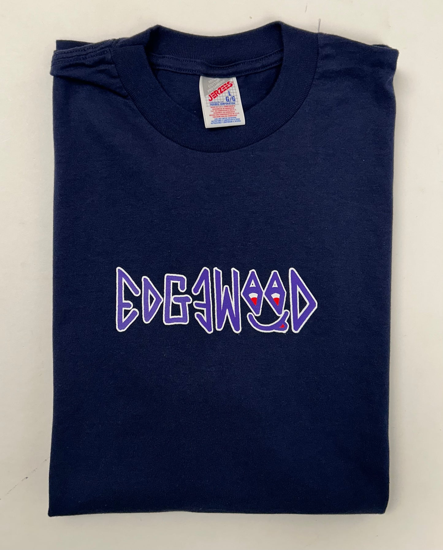 Edgewood NJ first edition “Deeper Than The Roots.” Tee Large 21.5x31.25 Inches 90s JERZEES 100% Cotton USA Navy Blue