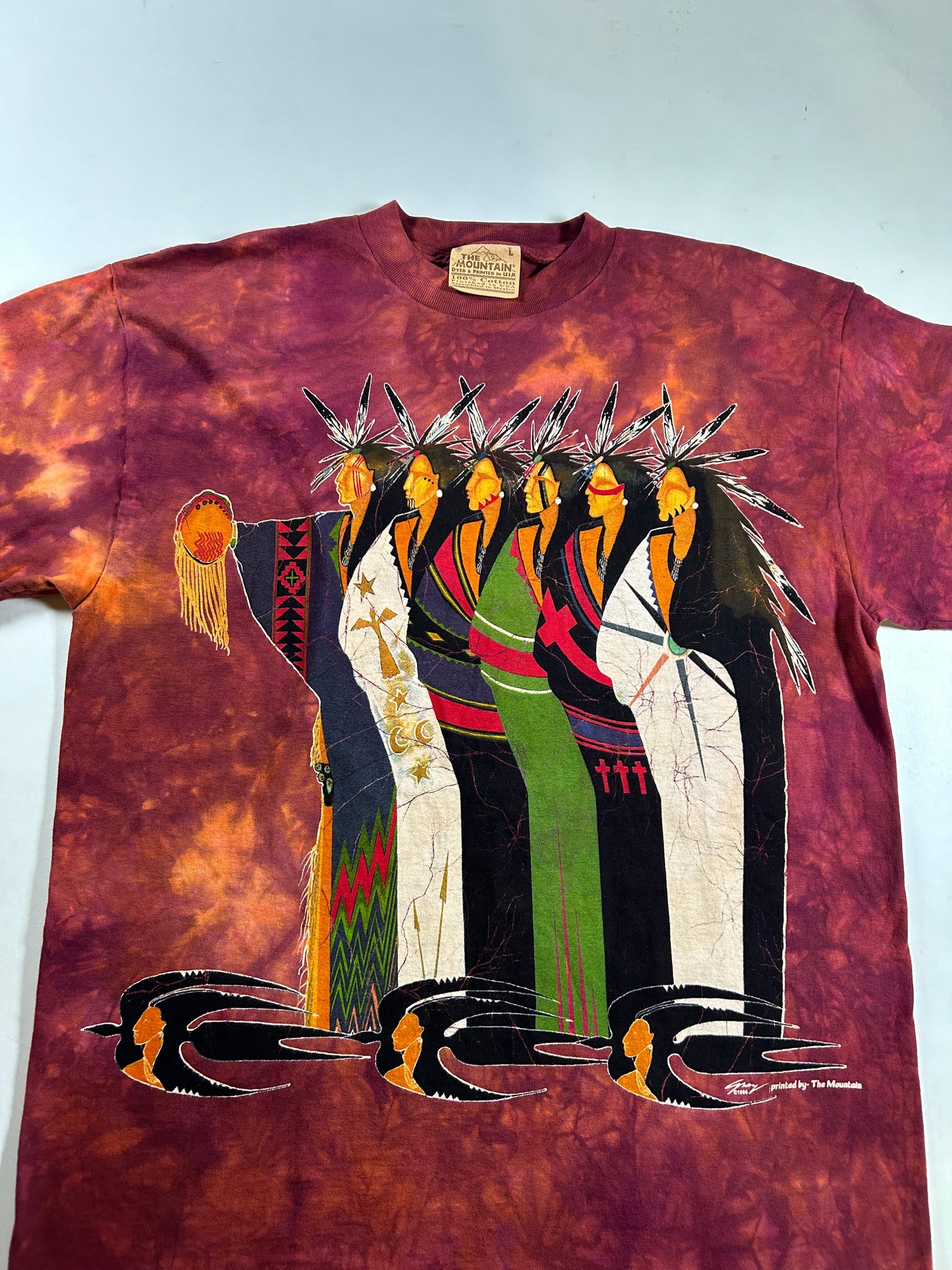 Vintage 96’ The Mountain Red Native American Tie Dye Graphic T-Shirt Large 22x32 Inches As Is