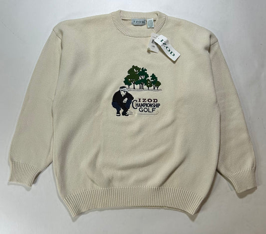 Vintage Izod Championship Golf Sweater Off White Knit Embroidered Mens Large 24.25x27.25 Inches