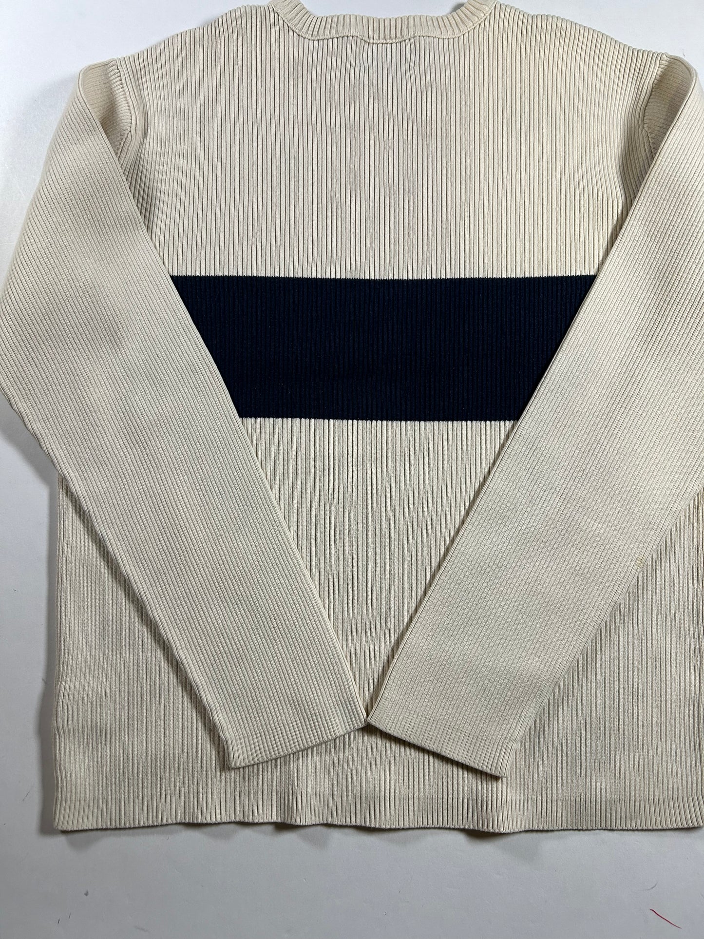 Vintage Polo Jeans Co Ralph Lauren Ribbed Cotton Sweater Cream Navy Stripe Small 20.25x24.25 Inches