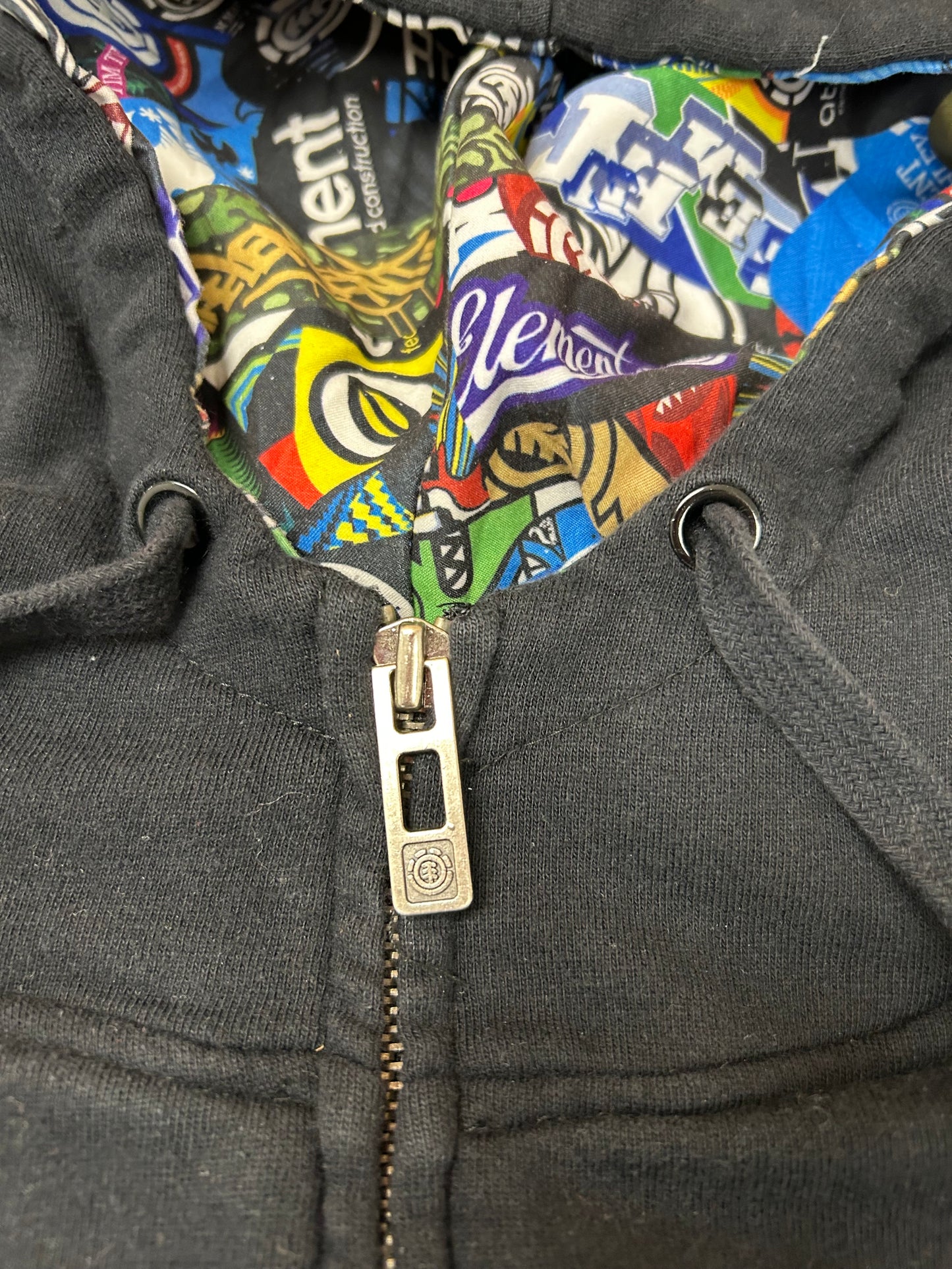 Vintage 00s Element Skatboards Earth•Wind•Water•Fire Collage Print Zip Up Hooded Sweatshirt XL/L Fit 24.25x30.25 Inches