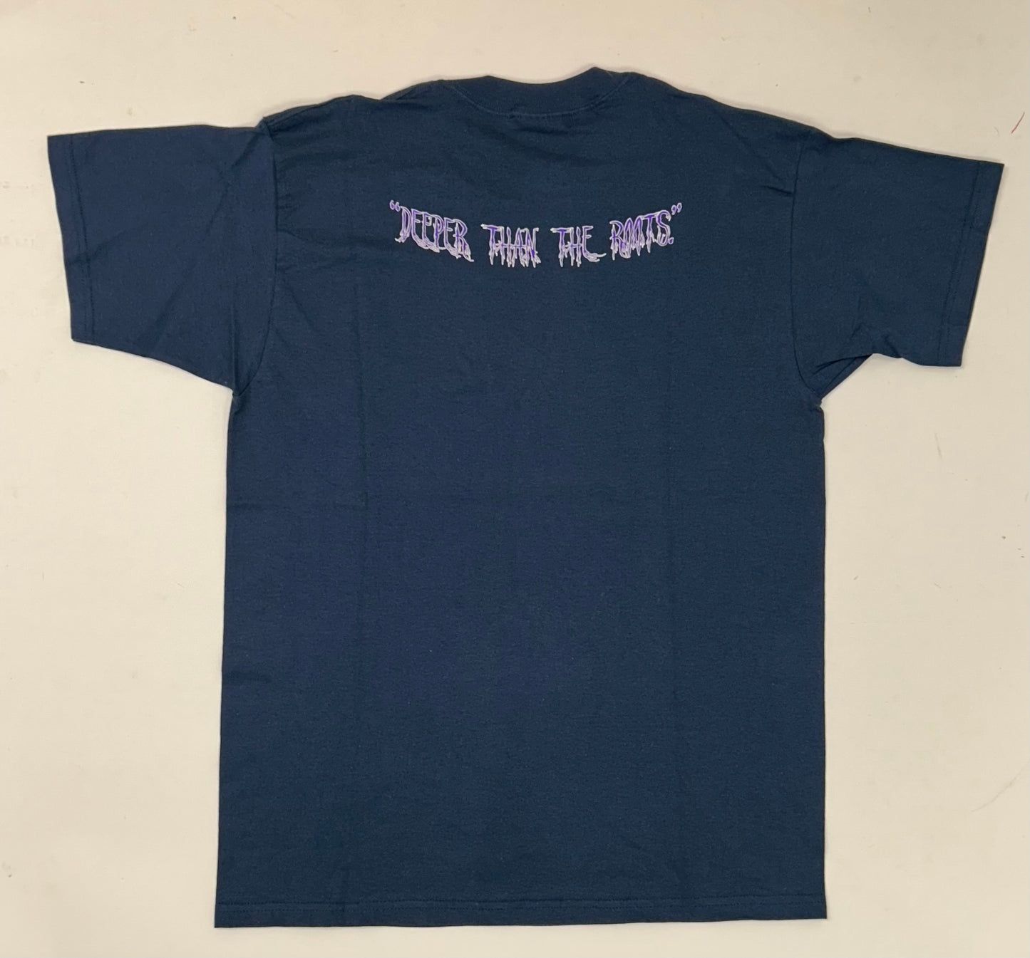 Edgewood NJ first edition “Deeper Than The Roots.” Tee Large 22.25x31 Inches 00s Gildan 100% Cotton USA/Honduras Slate Blue