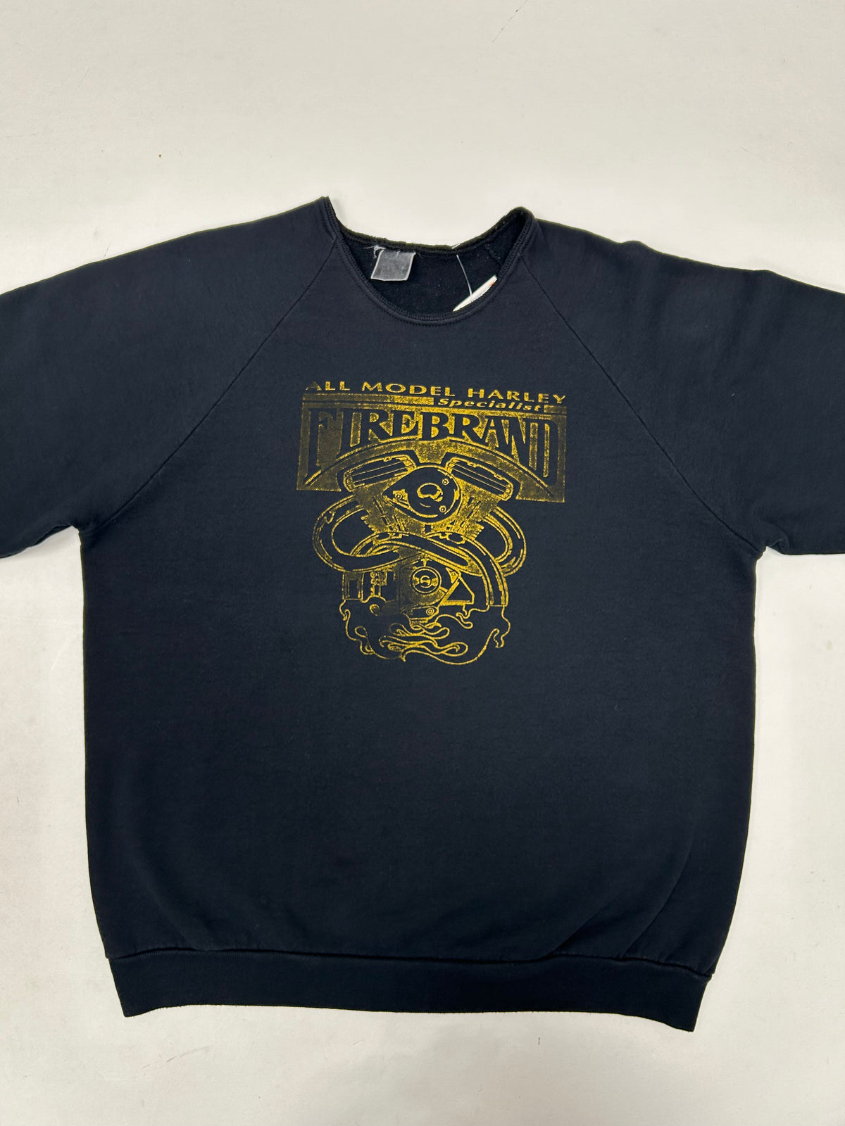 Vintage All Model Harley Specialist Fire Brand Warrington England Crewneck Sweatshirt Chopped Collar M/L Fit 22.75x27 Inches As Is Faded & Worn In