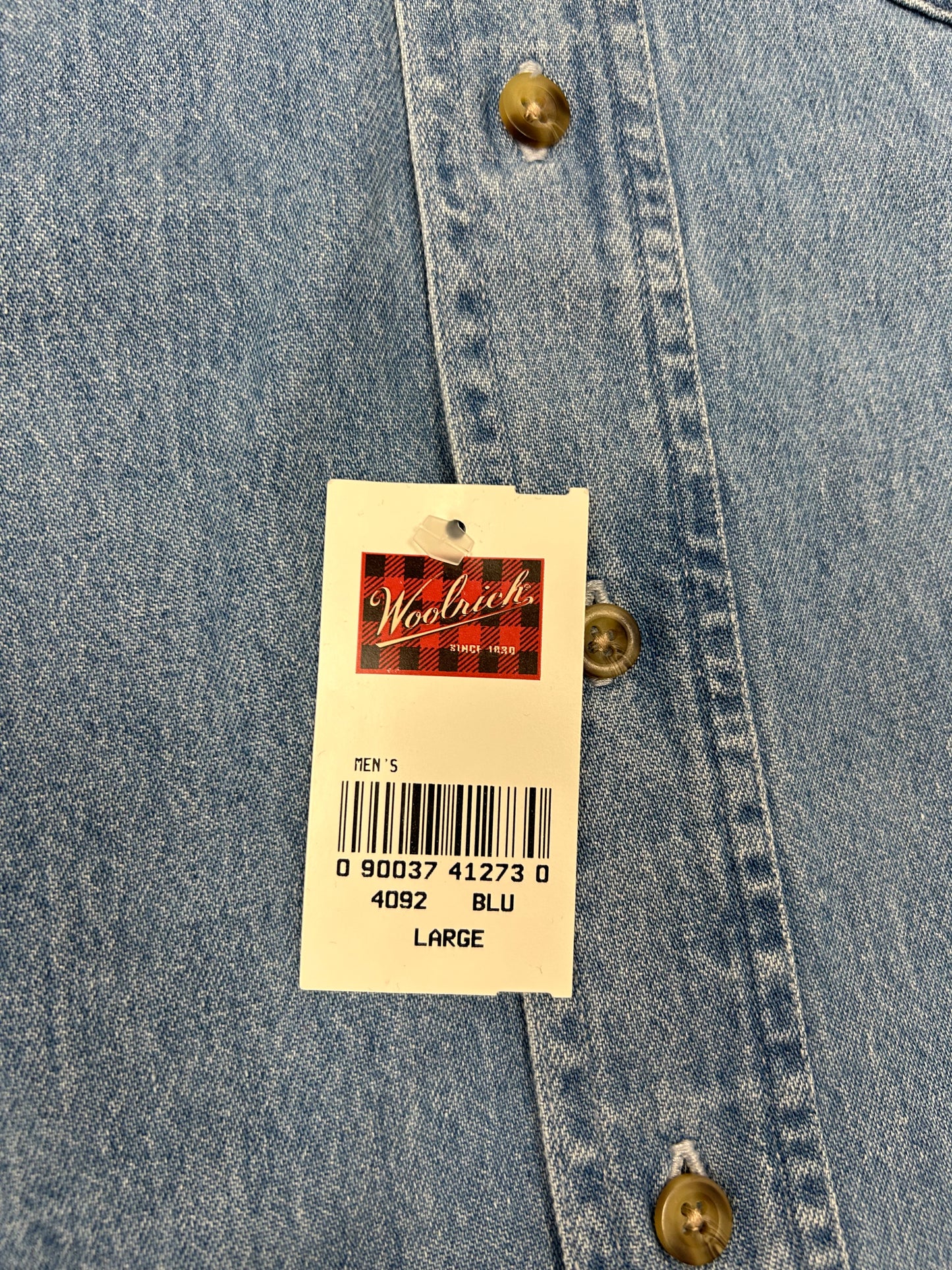 Woolrich Denim Button Up Shirt Blue Long Sleeve 100% Cotton Men’s Large 24x33 Inches DS Brand New With Tag