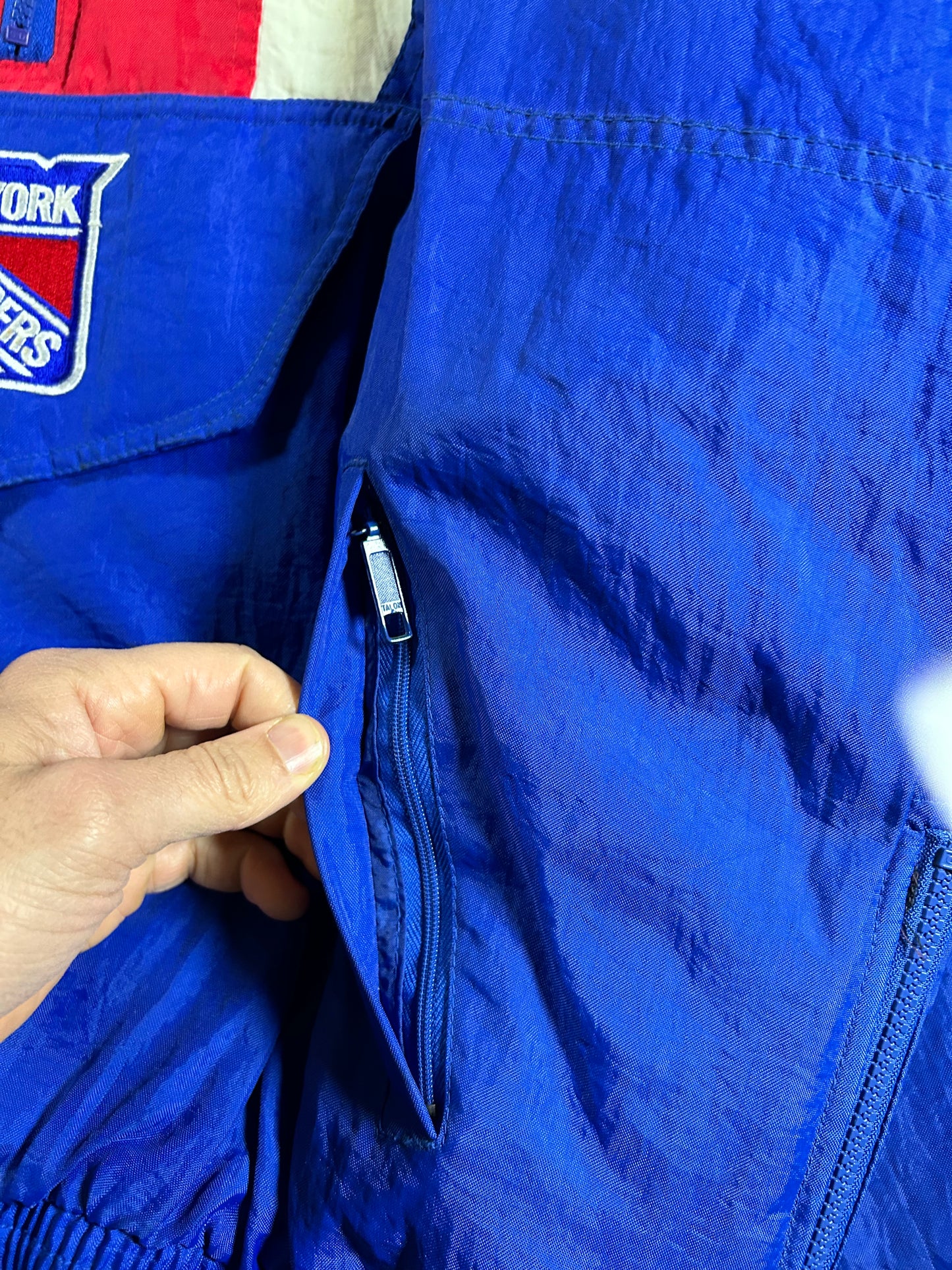 Vintage 90s Starter New York Rangers NHL Pullover Puffer Jacket Half Zip Hooded Jacket XL 29x30.25 Inches