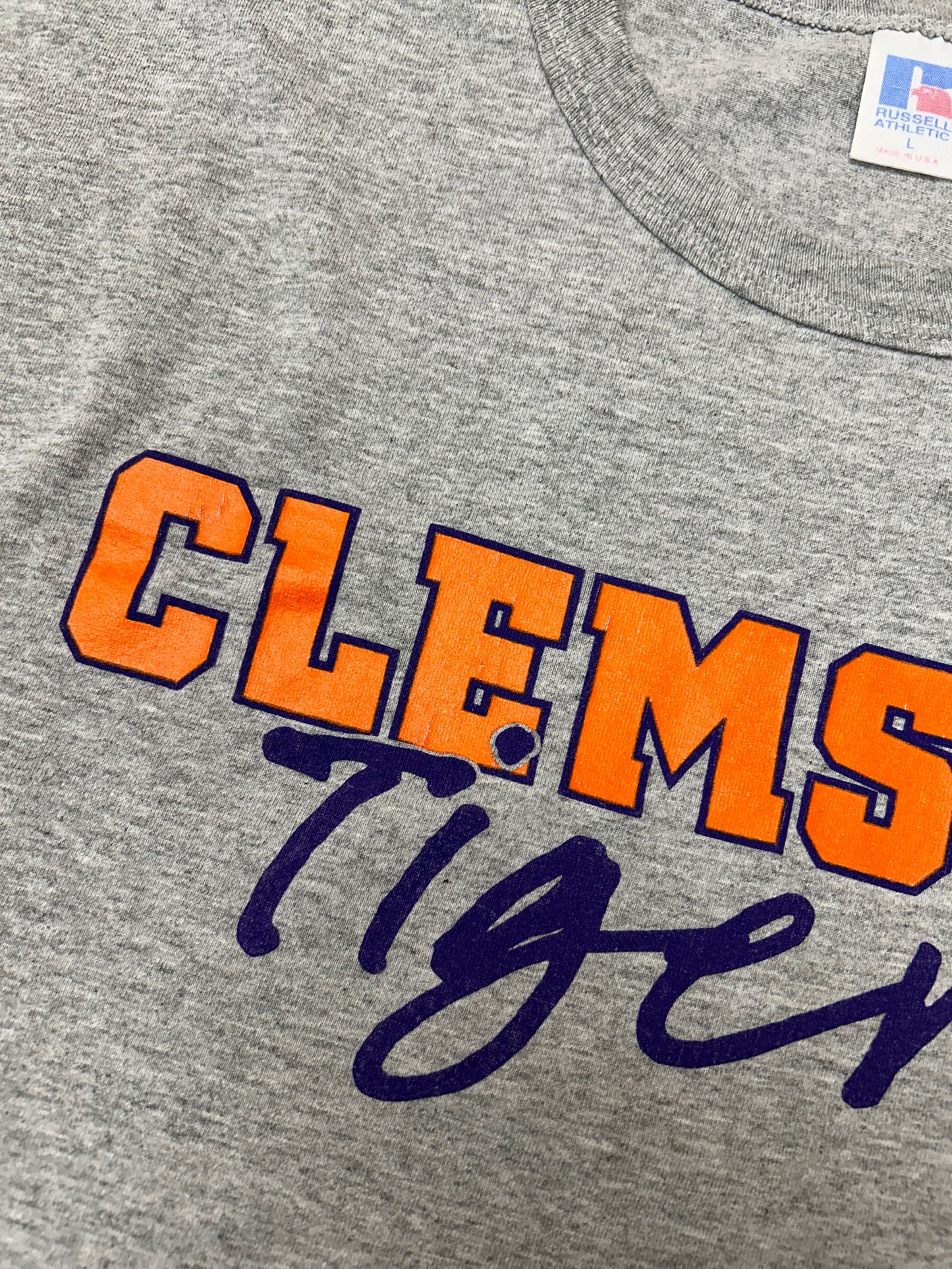 Vintage 90s Clemson Tigers College Russell Athletic USA Tee Large 22.25x29.25 Inches As Is