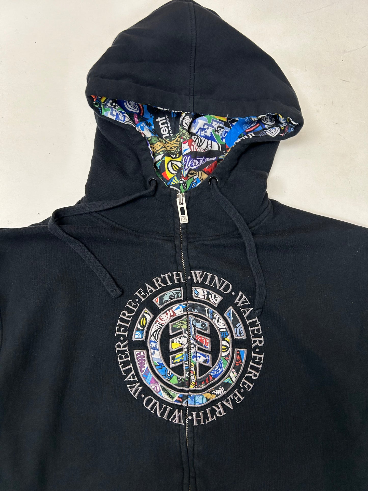 Vintage 00s Element Skatboards Earth•Wind•Water•Fire Collage Print Zip Up Hooded Sweatshirt XL/L Fit 24.25x30.25 Inches