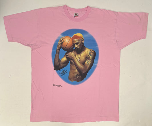 Vintage Dennis Rodman Bad As I Wanna Be Print Tee Pink Rare 2XL 25.25x32.5 Inches FOTL Tag Chicago Bulls