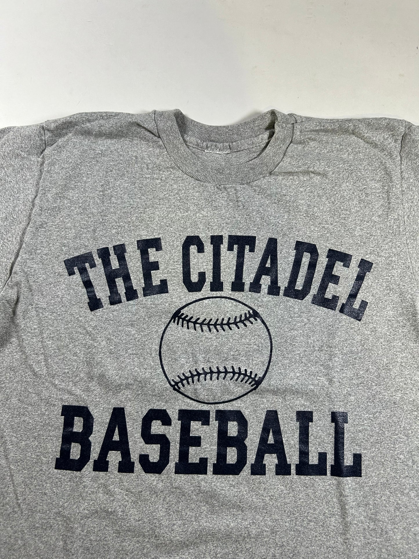 Vintage The Citadel Baseball Logo College Tee Heather Gray USA Made The Cotton Exchange Shirt Large 21.5x28.5 Inches