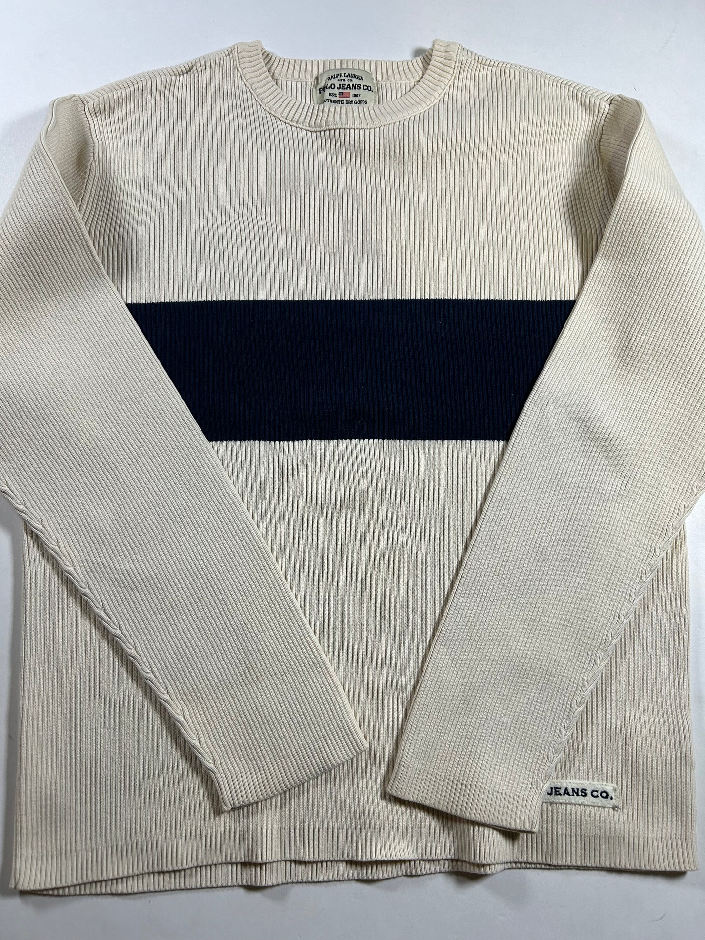 Vintage Polo Jeans Co Ralph Lauren Ribbed Cotton Sweater Cream Navy Stripe Small 20.25x24.25 Inches