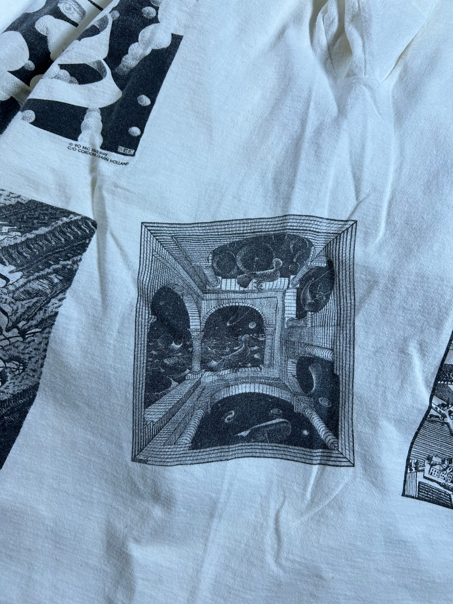 Vintage 1990 M.C. Escher Shirt White All Over Rare Print Art Single Stitch 23x27.75 Inches As Is