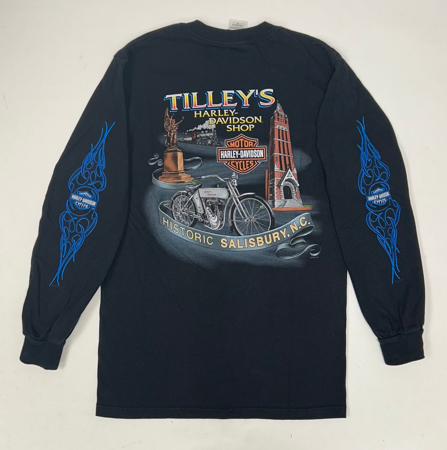Vintage 2000s Harley Davidson Motorcycles Tilley’s Historic Salisbury, NC Flame Long Sleeve Ride It Hot Tee Small 18x28 Inches Black