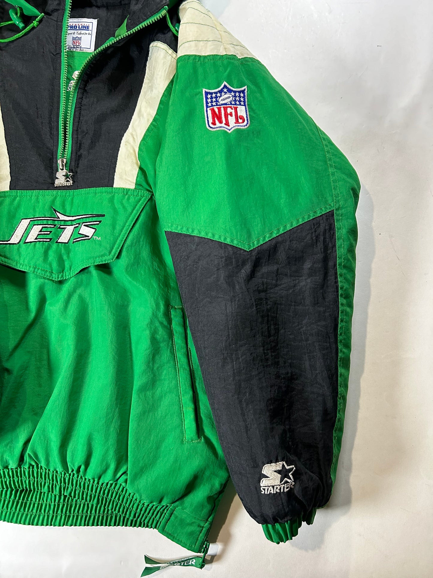 Vintage 90s Starter Authentic Pro Line New York Jets NFL Pouch Pullover Puffer Jacket XL 25.5x29.25 Inches