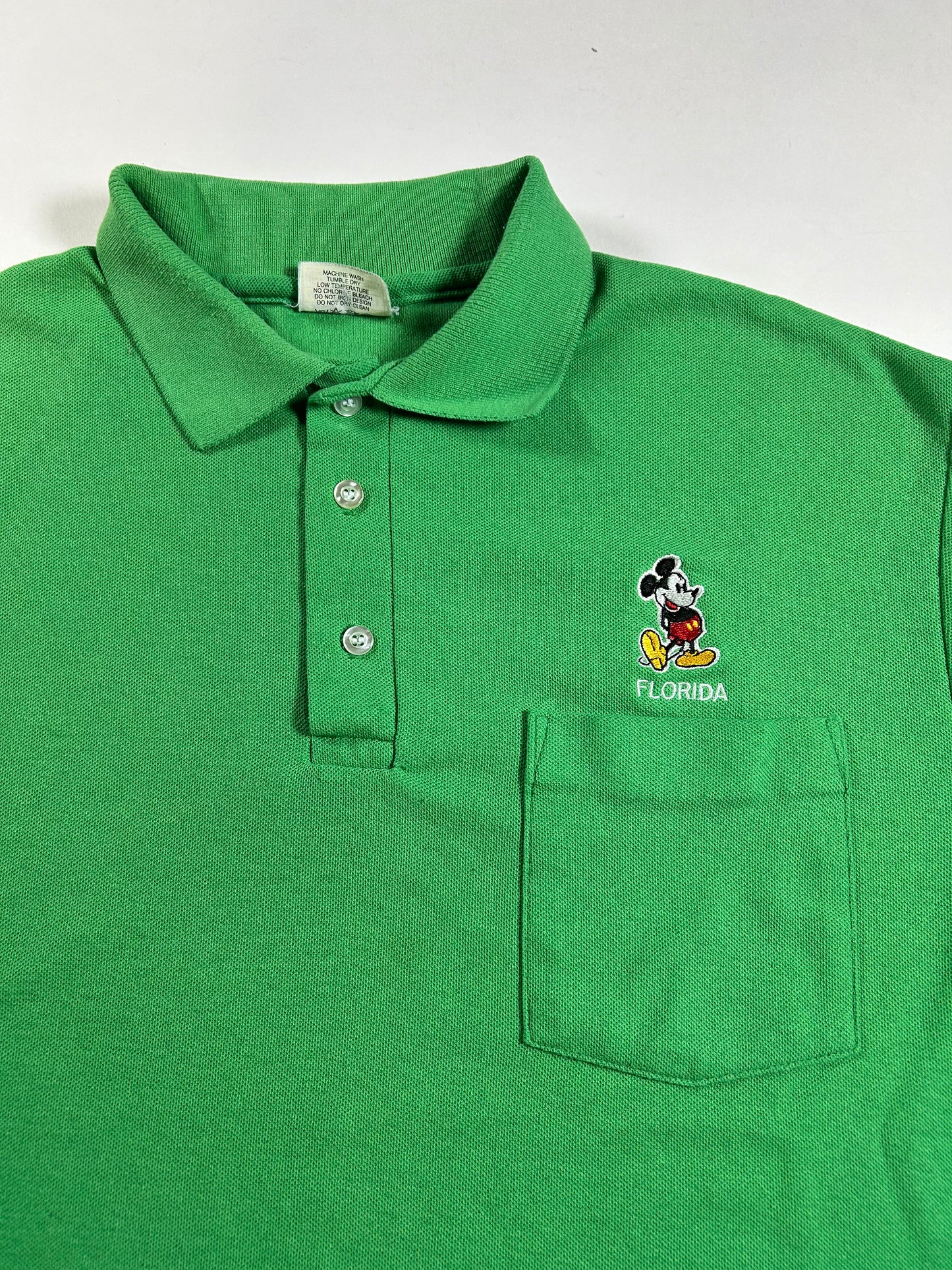 Vintage Velva Sheen Mickey Mouse Embroidered Logo Polo Shirt USA Green 21.75x26.5 Inches