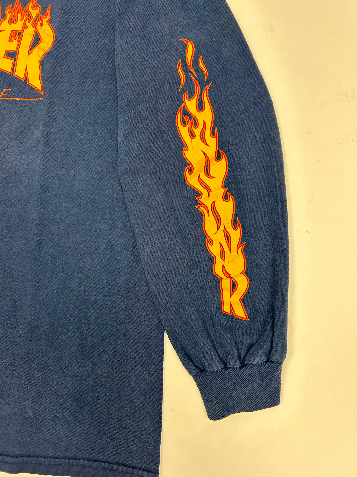 Vintage Thrasher Magazine Skateboard Flames Long Sleeve Skate Tee 22x28.25 Inches Large Hanes Tag