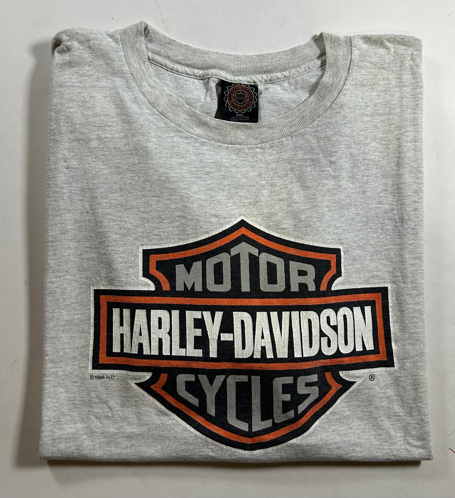 Vintage 1998 Harley Davidson Shirt Motorcycles Shield Logo Graphic Tee 2XL 26.25x31.25 Inches As Is