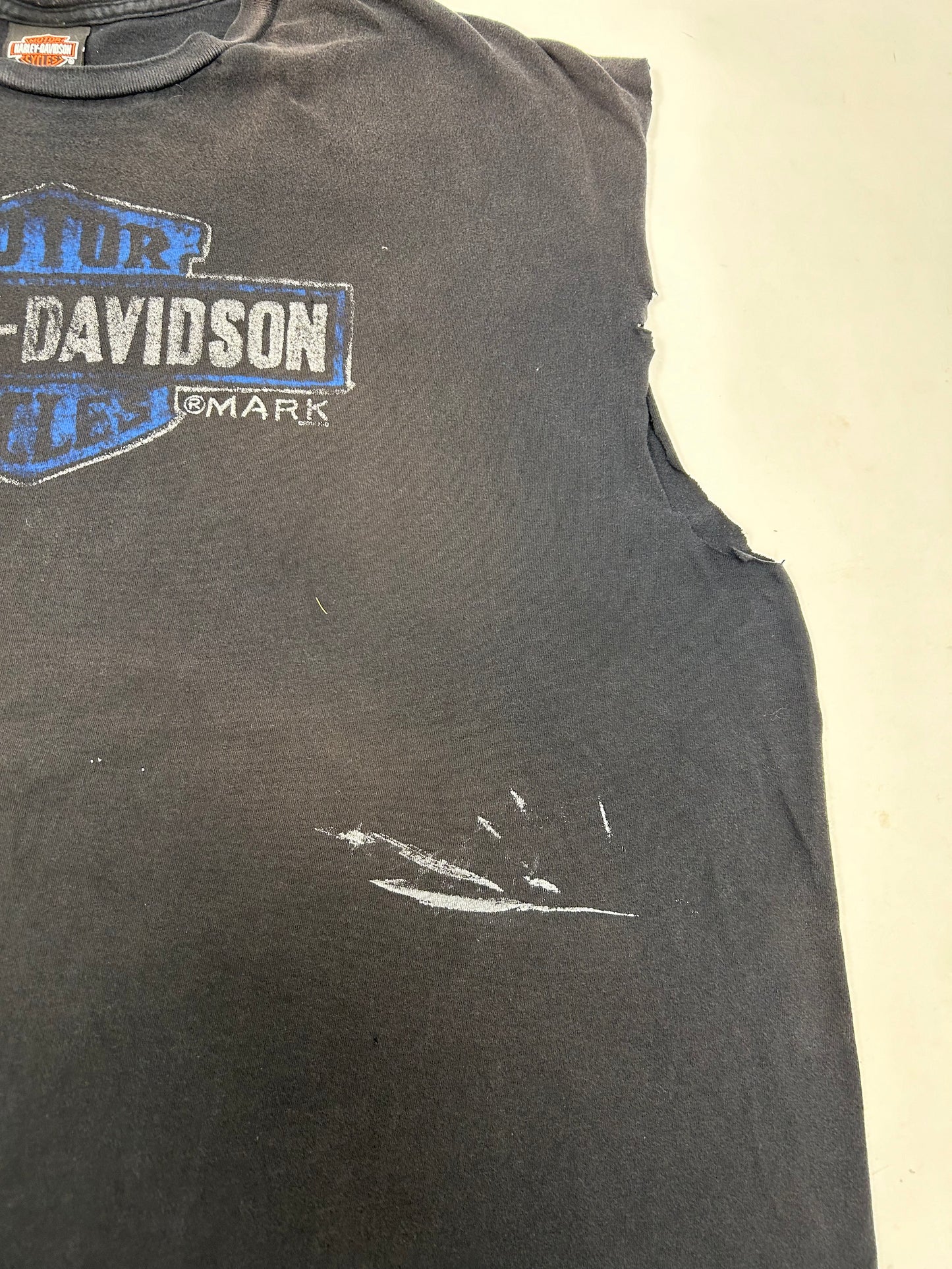2010s Harley Davidson Motorcycles Six Bend Fort Myers Florida Chopped Sleeveless Tee 3XL 28.25x31.25 Inches As Is Wear & Fading