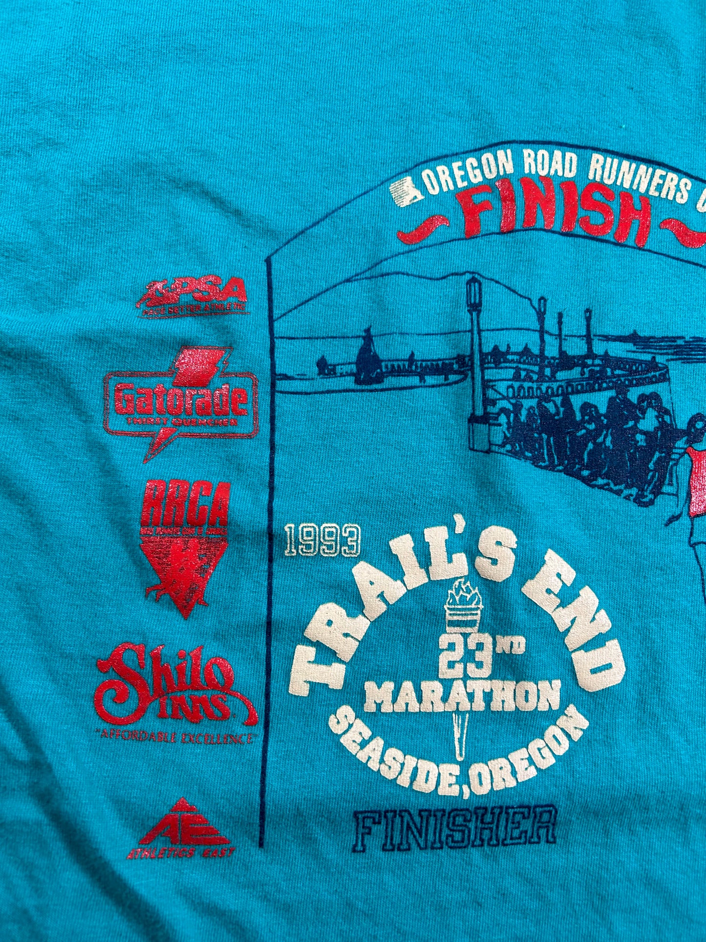 Vintage 1993 Oregon Road Runners Club Trail’s End 23rd Marathon Finisher Long Sleeve Tee Large 21.25x27.75 Inches