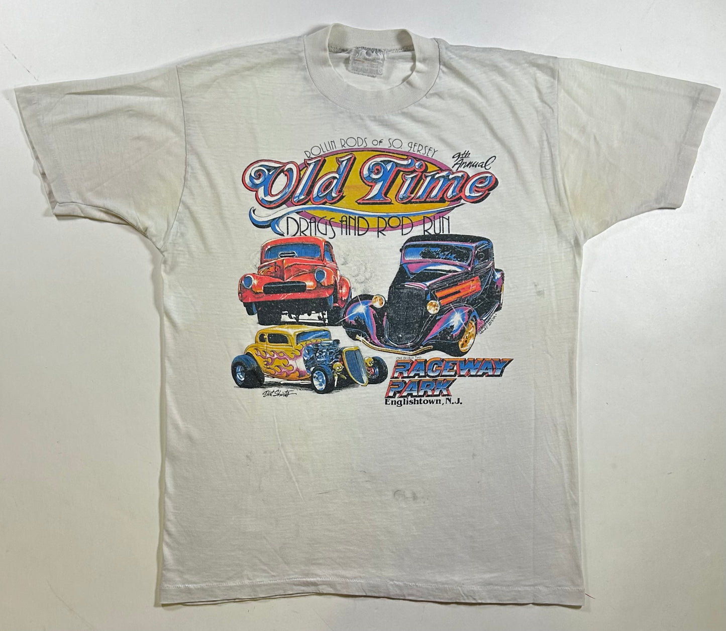 Vintage 1999 9th Annual Rollin Roda Old Time Drags And Rod Run Raceway Park Englishtown NJ Tee Paper Thin Worn In As Is M/L Fit 20x26.25 Inches
