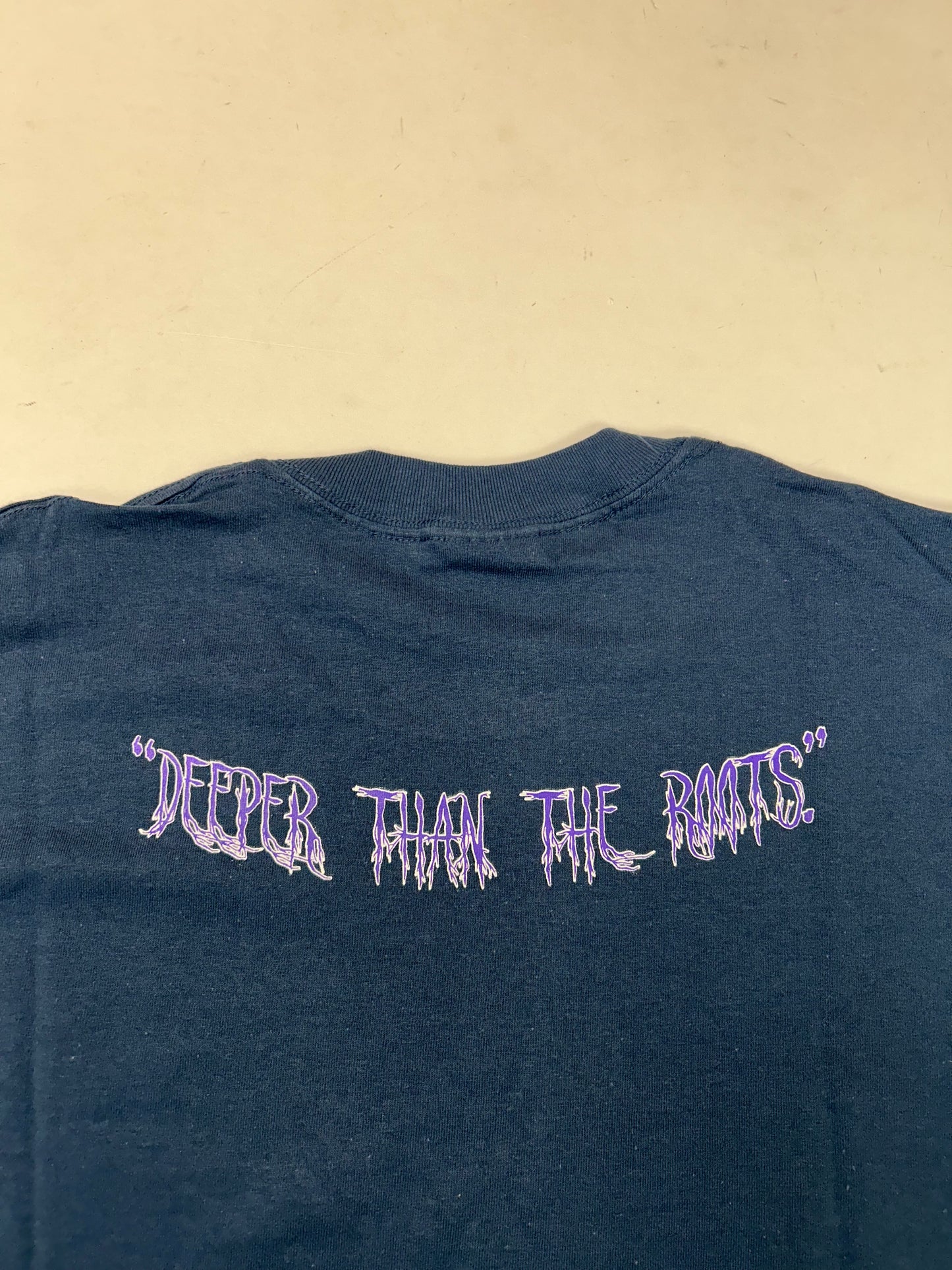 Edgewood NJ first edition “Deeper Than The Roots.” Tee Large 22.25x31 Inches 00s Gildan 100% Cotton USA/Honduras Slate Blue