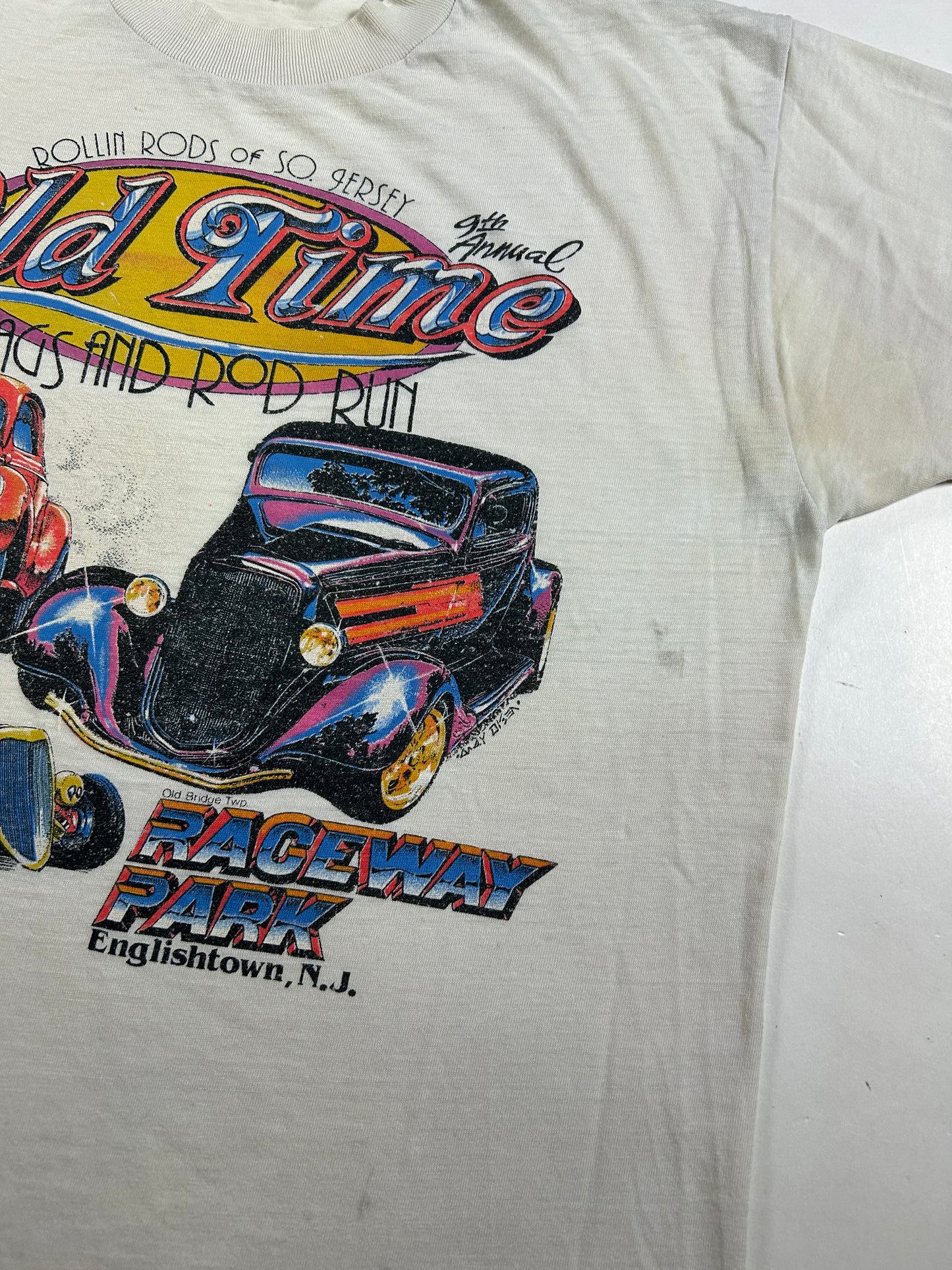 Vintage 1999 9th Annual Rollin Roda Old Time Drags And Rod Run Raceway Park Englishtown NJ Tee Paper Thin Worn In As Is M/L Fit 20x26.25 Inches