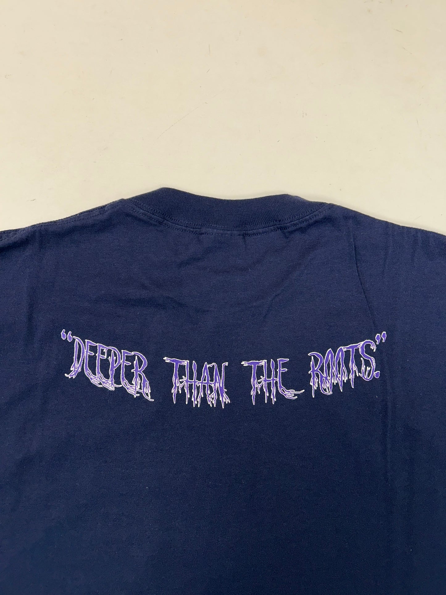 Edgewood NJ first edition “Deeper Than The Roots.” Tee Large 21.5x31.25 Inches 90s JERZEES 100% Cotton USA Navy Blue