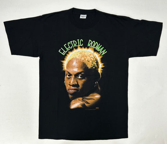 Vintage 1997 Dennis Rodman Electric Rodman Blue Hair Productions Tee Large 21x30.5 Inches Clean Print