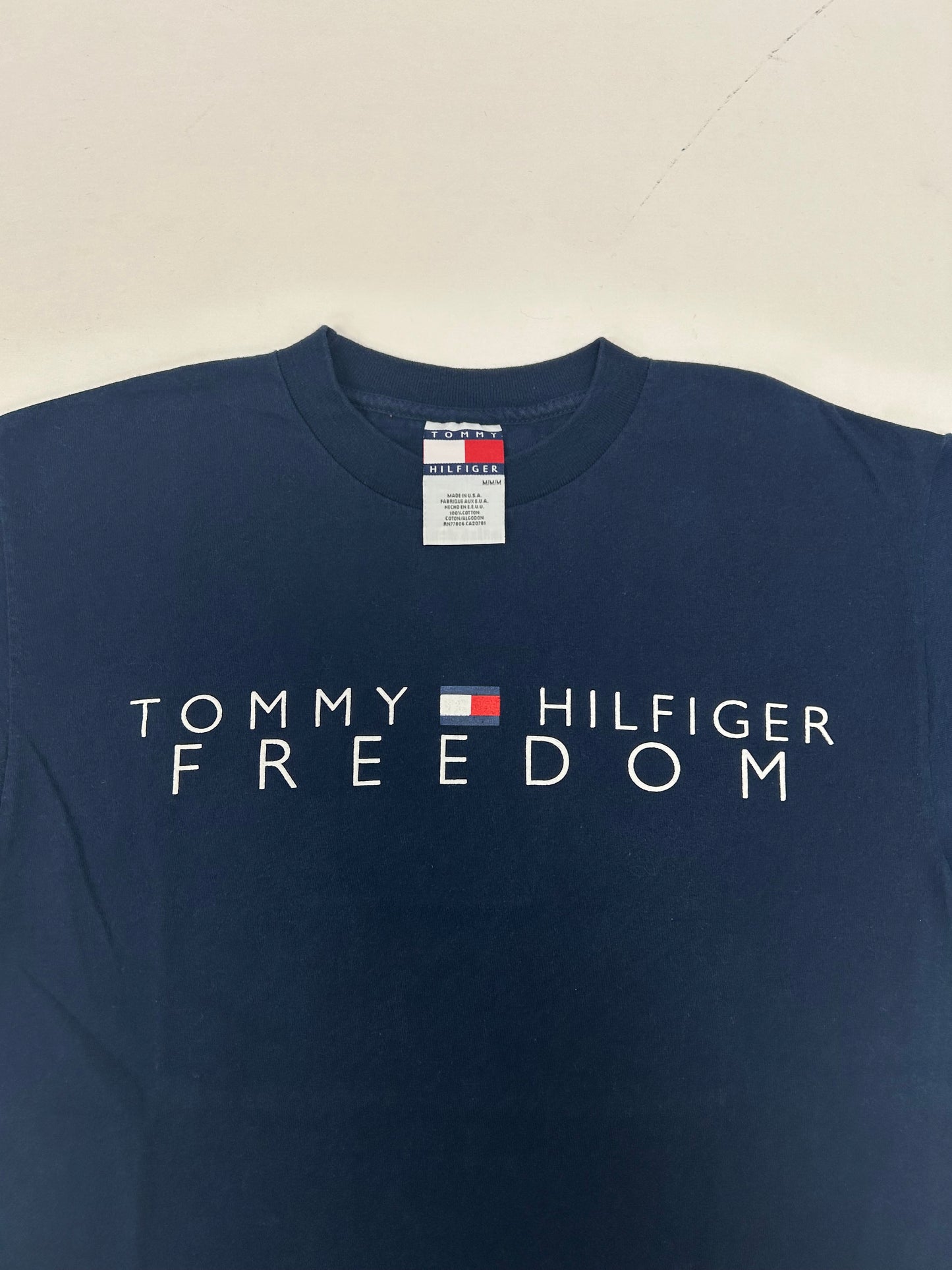 Vintage Tommy Hilfiger Freedom Jeans T Shirt Spell Out Navy Blue Medium USA 90s