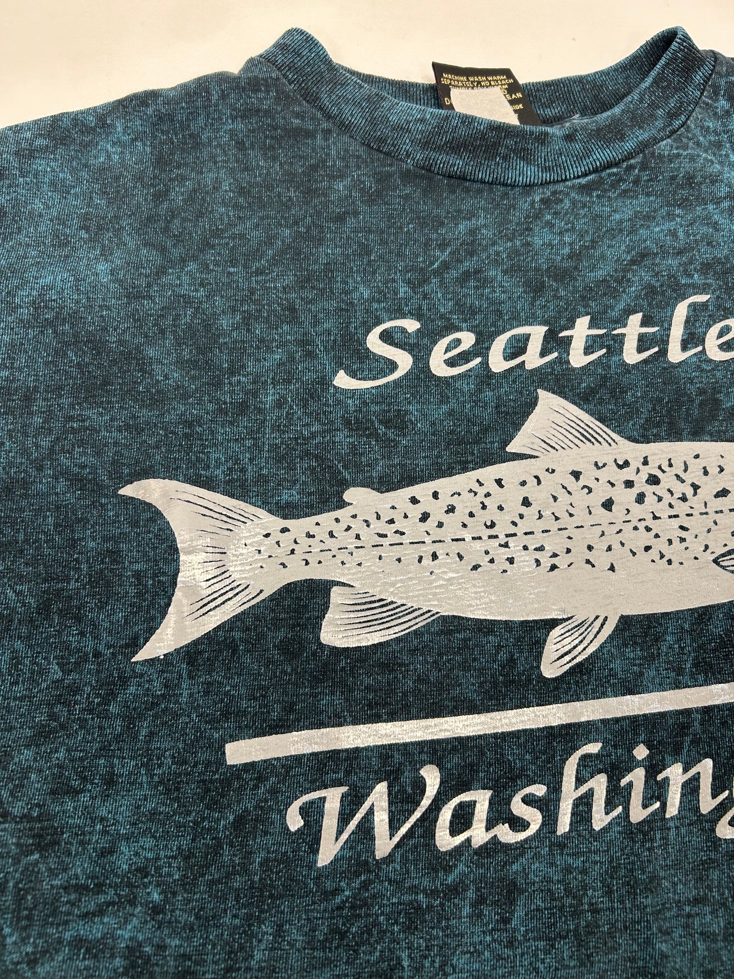 Vintage 90s Seattle Washington Trout Fish Green Dye Tee Tagged OSFA Boxyish L/XL Fit 23.5x27.75 Inches