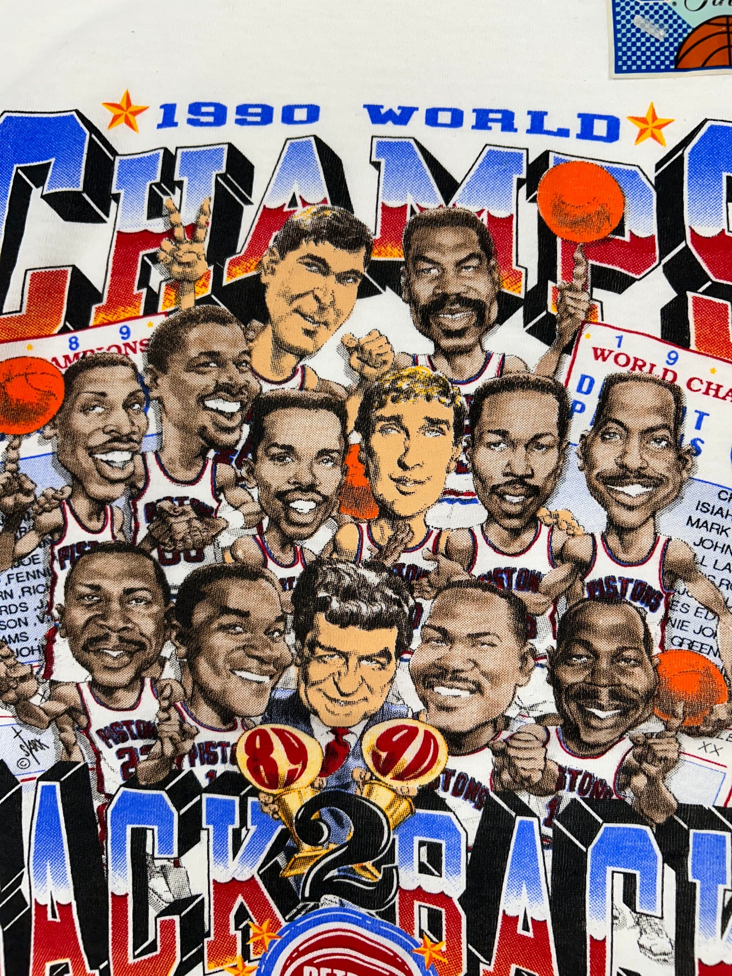 Vintage Salem Sportswear Detroit Pistons 1990 World Champions Back 2 Back World Champions Caricature Tee New With Sticker Large 23.25x27.5 Inches As Is