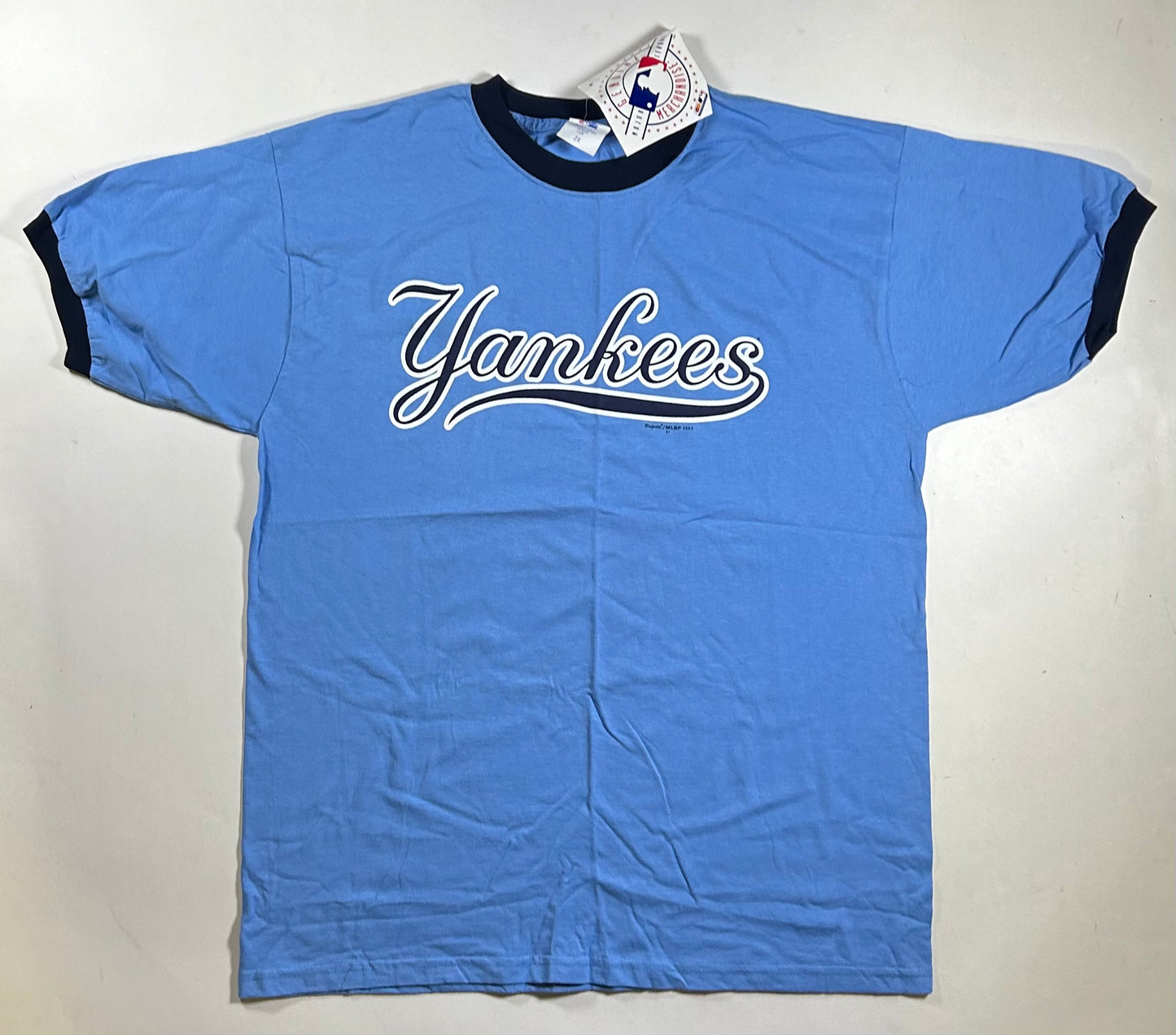 Brand New Vintage 2003 Majestic New York Yankees Script MLB Ringer Tee 2XL 24.5x32.5 Inches