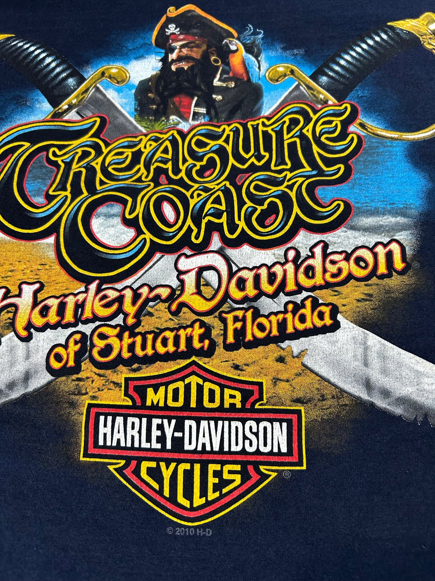 2010s Harley Davidson Motorcycles Treasure Coast Stuart Florida Pirate Graphic Tee 2XL 25.75x31 Inches Navy
