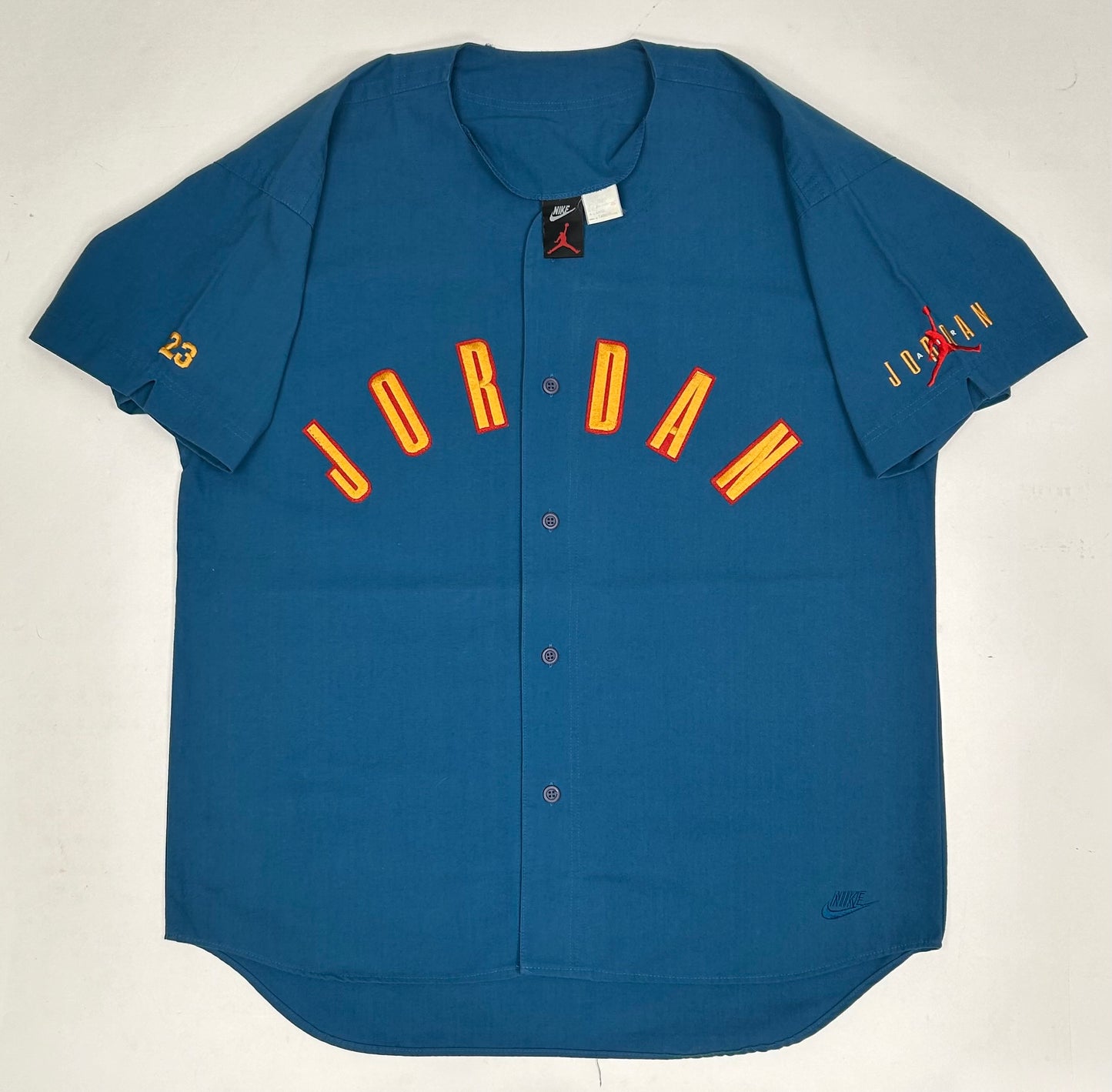 Vintage Nike Air Jordan 'Spellout Logo' Baseball Jersey Blue 1991 Rare XL 27.25x33.5x36 Inches