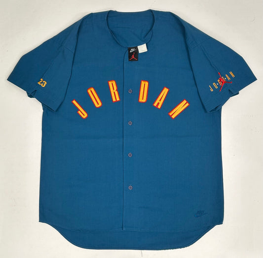 Vintage Nike Air Jordan 'Spellout Logo' Baseball Jersey Blue 1991 Rare XL 27.25x33.5x36 Inches
