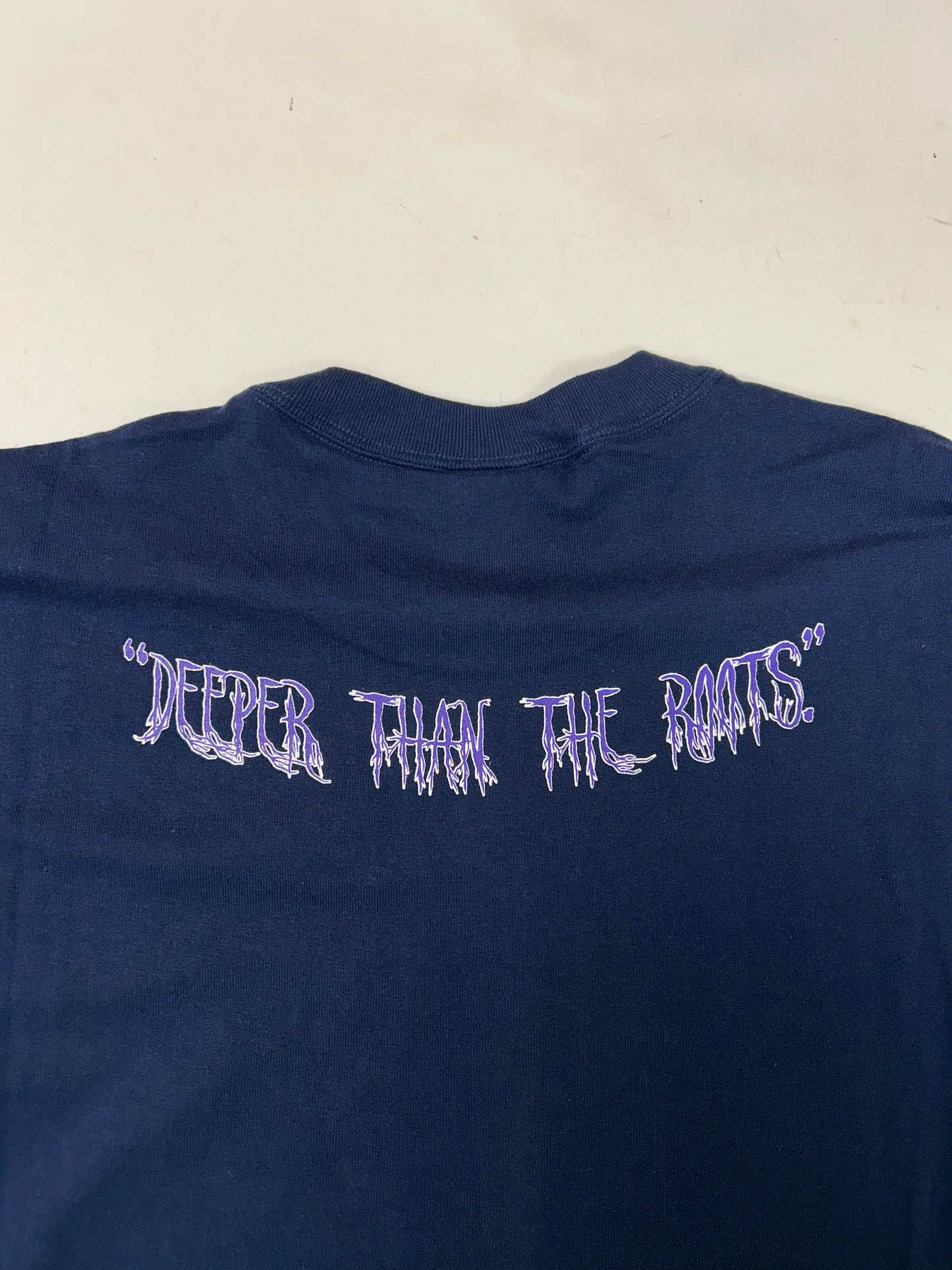 Edgewood NJ first edition “Deeper Than The Roots.” Long Sleeve Tee 2XL 25x33.25 Inches 90s Fruit Of The Loom Heavy Cotton 100% Cotton Honduras Navy Blue