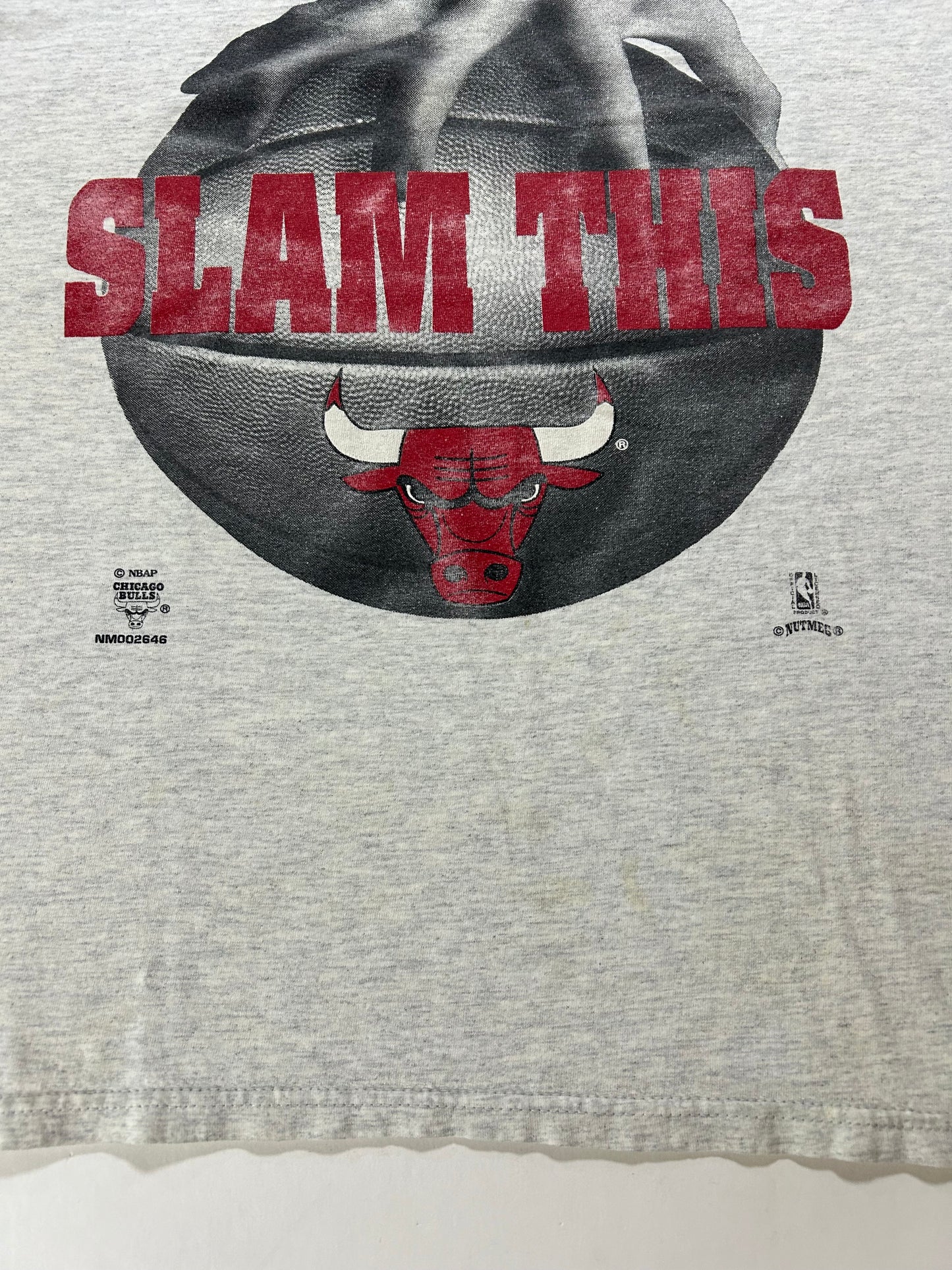 Vintage 90s Nutmeg Mills Chicago Bulls Slam This NBA Tee Gray L/XL 22.5x29 Inches Gray Worn As Is Has Wear & Stains