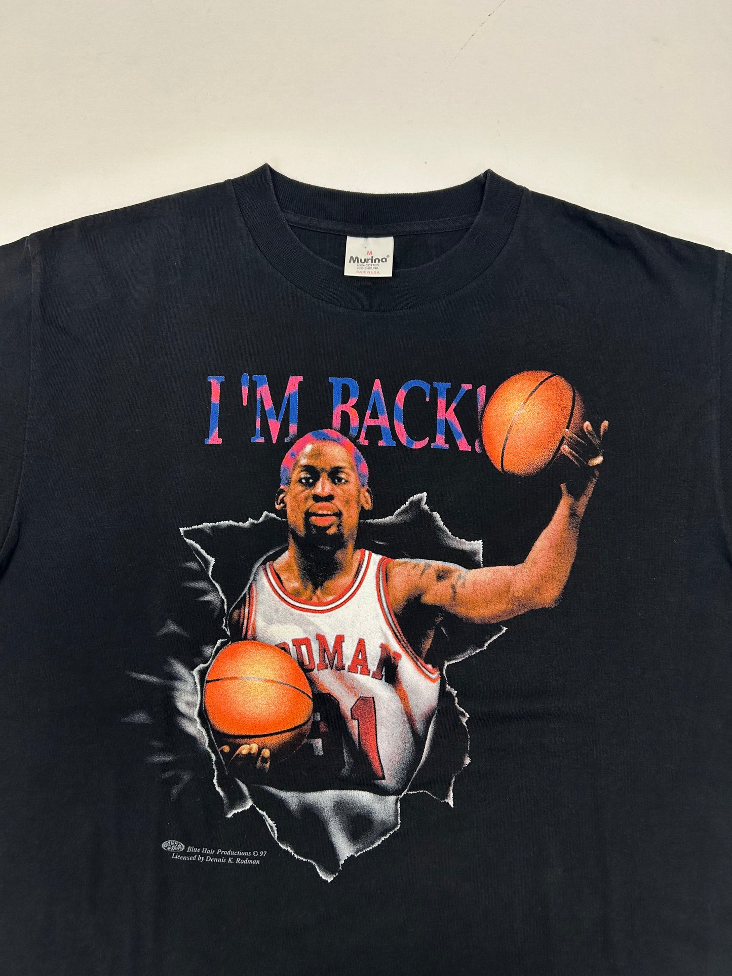 Vintage 1997 Dennis Rodman I’m Back Chicago Bulls Blue Hair Graphic Tee Medium 20.5x28.5 Inches