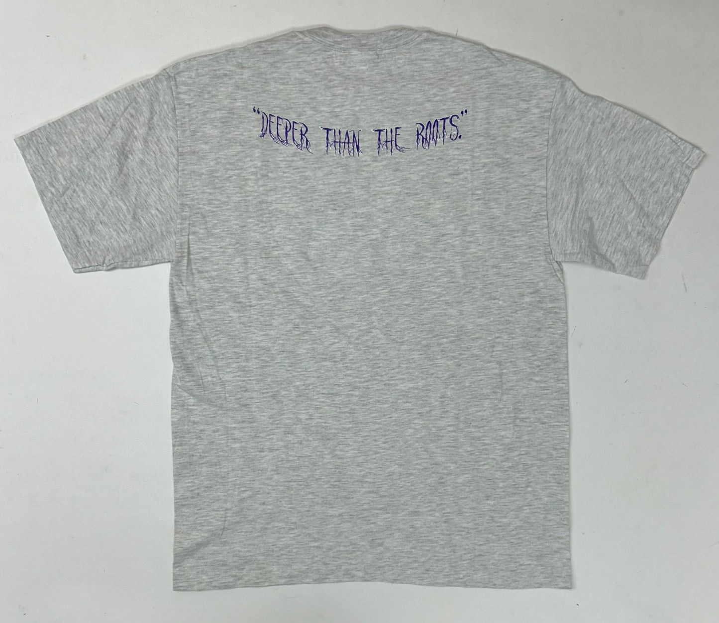 Edgewood NJ first edition “Deeper Than The Roots.” Tee 00s Hanes Beefy-T 99% Cotton 1% Other Fibers El Salvador Heather Gray