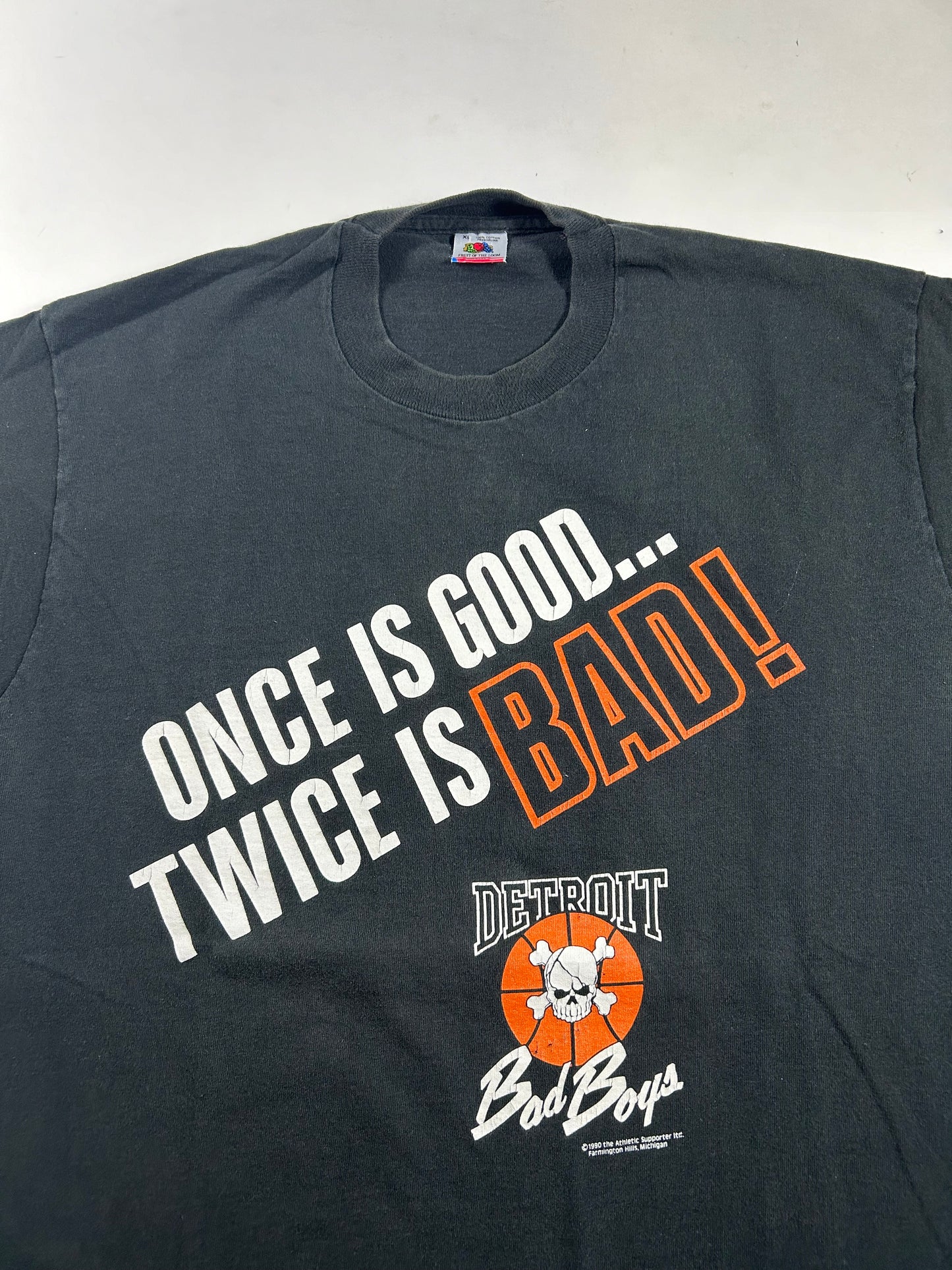 Vintage 1990 Detroit Pistons Bad Boys Twice Is Bad Detroit Bad Boys Championship Tee XL 23x30.75 Inches As Is