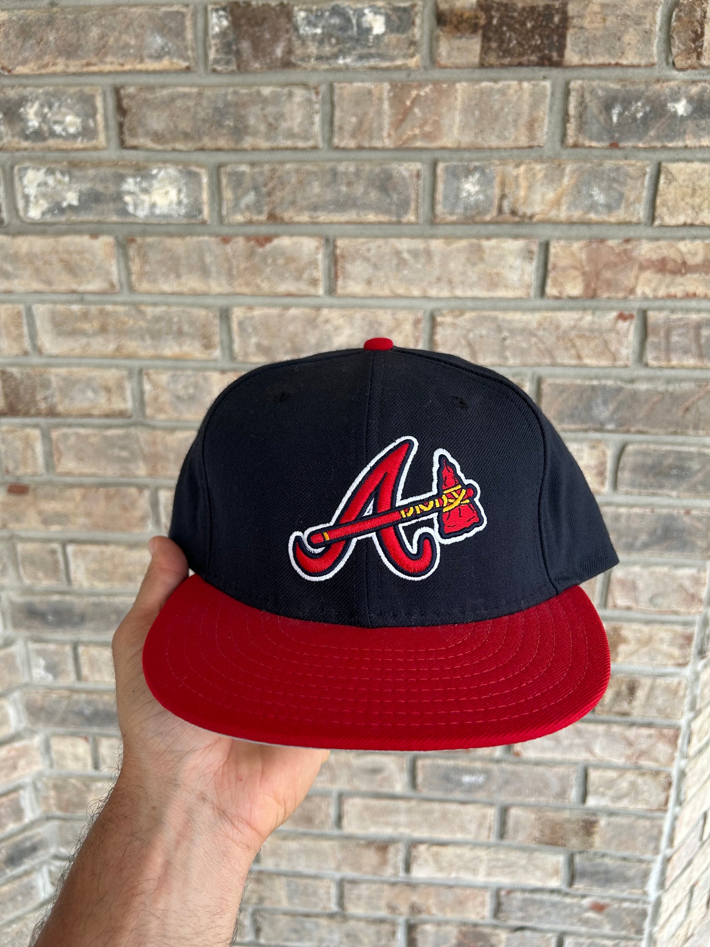 2000s Atlanta Braves MLB New Era 59Fifty Fitted Hat Made USA 100% Wool Sz 7 5/8” 61 CM Has Band Wear As Is