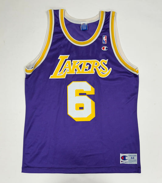 Vintage 90s Champion Los Angeles Lakers NBA Eddie Jones #6 Jersey Purple Size 44 Large 22.76x32.25 Inches