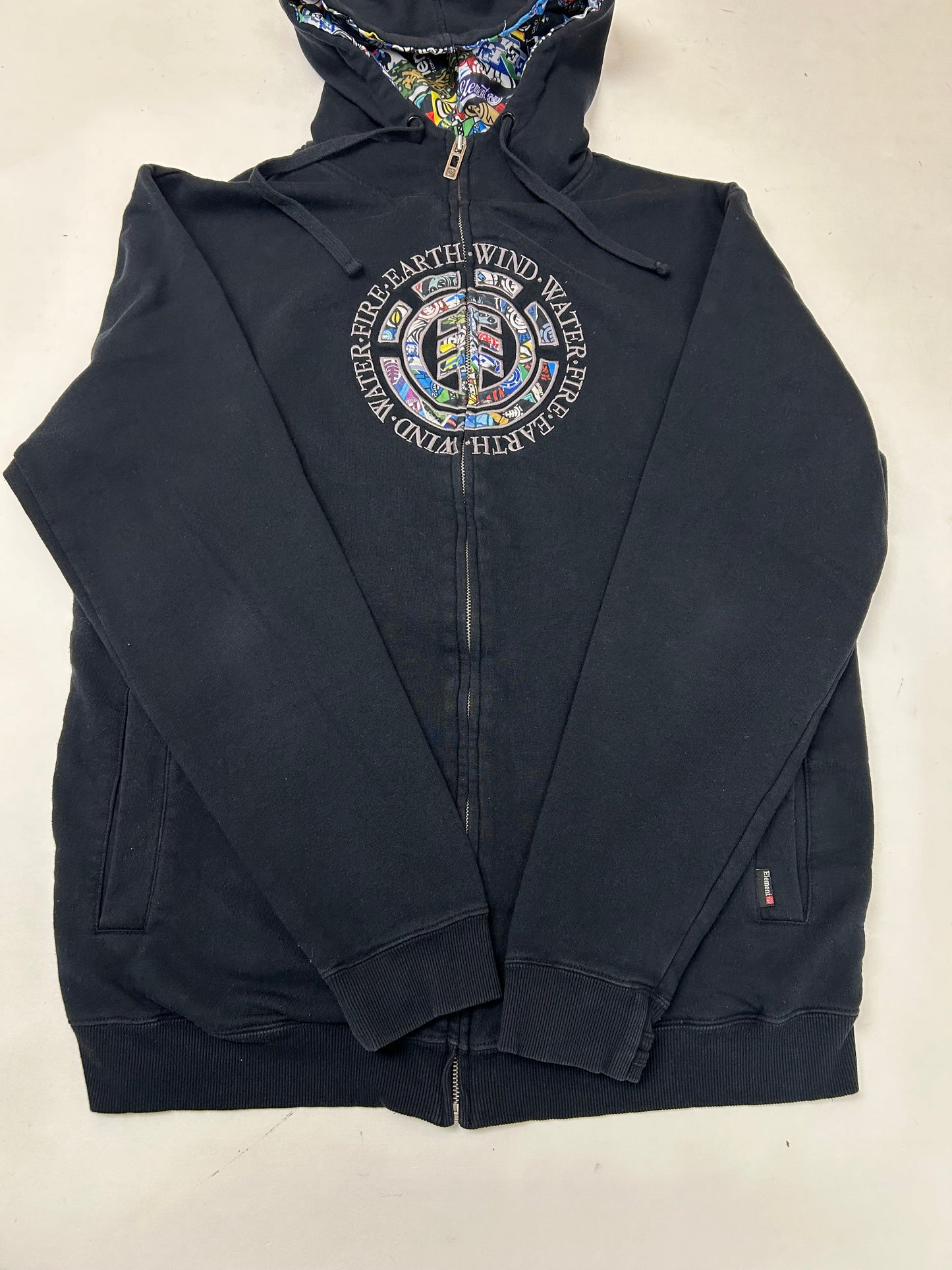 Vintage 00s Element Skatboards Earth•Wind•Water•Fire Collage Print Zip Up Hooded Sweatshirt XL/L Fit 24.25x30.25 Inches
