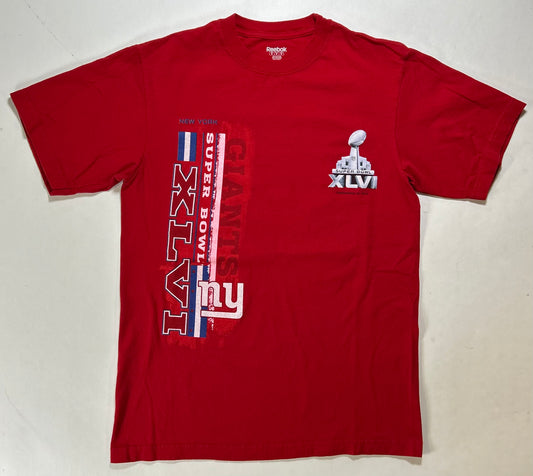 2012 Reebok New York Giants Super Bowl XLVI NFL Roster Tee Medium 19.5x28.25 Inches Red