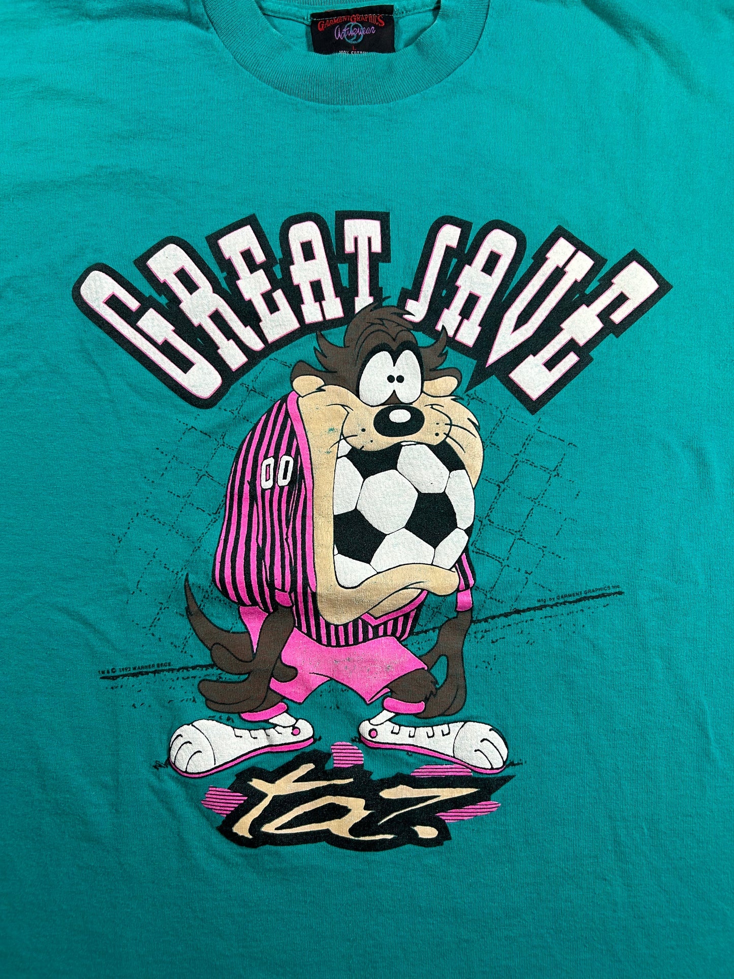Vintage 90s Taz Soccer Great Save Soccer Tee 1993 Looney Tunes Large 21.25x28.75 Inches