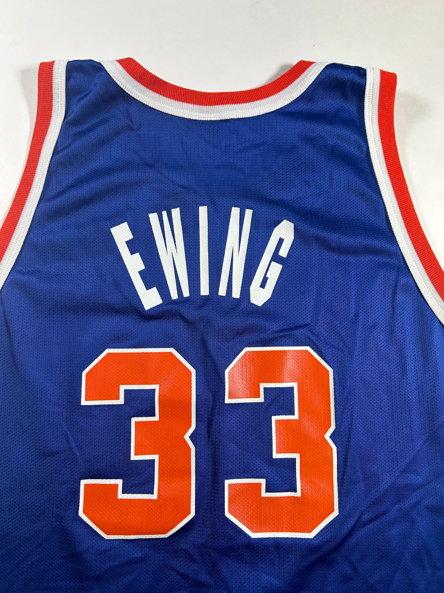 Vintage New York Knicks Patrick Ewing NBA Champion Basketball Jersey 48 XL 23.25x31.5 Inches As Is Has Flaw.