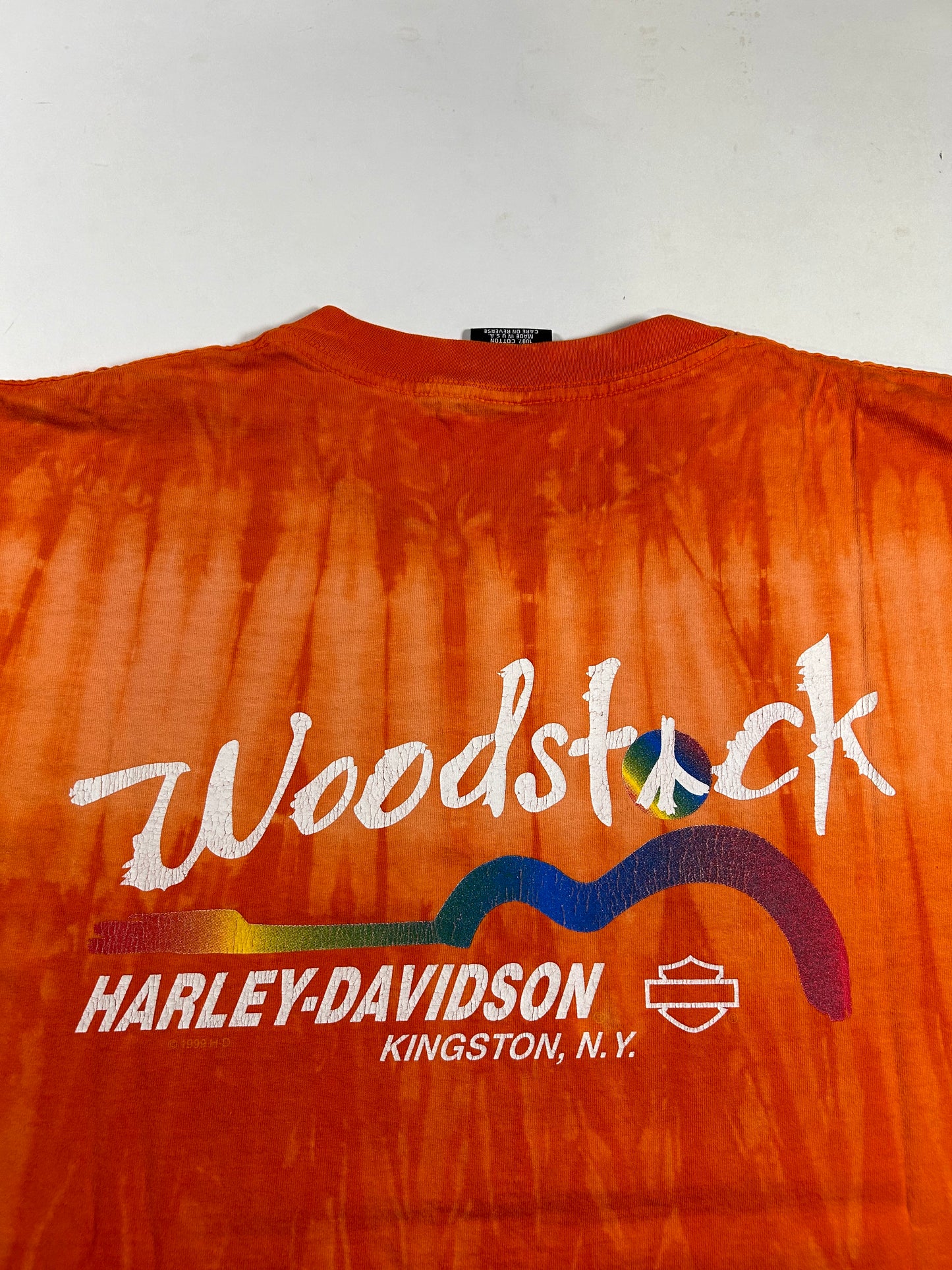 Vintage Harley Davidson Motorcycles Woodstock Tie Dye Orange Flames Tee L/XL Fit 24.25x31 Inches