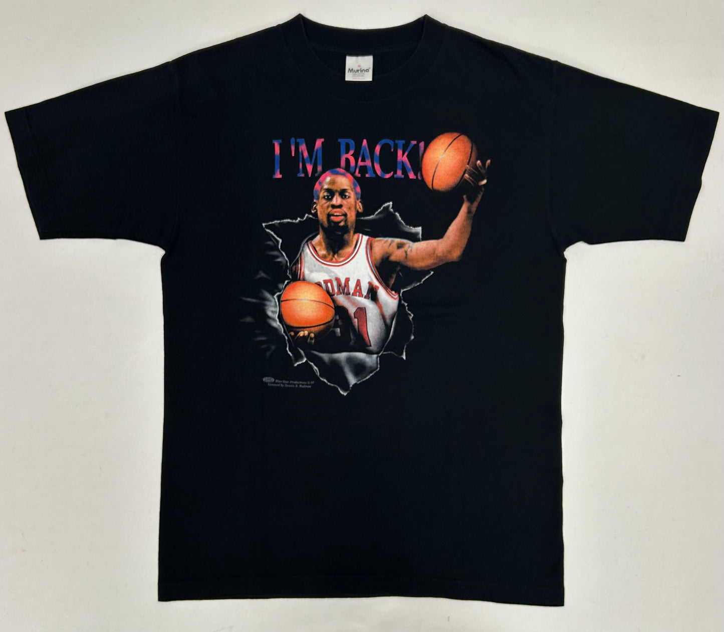 Vintage 1997 Dennis Rodman I’m Back Chicago Bulls Blue Hair Graphic Tee Medium 20.5x28.5 Inches
