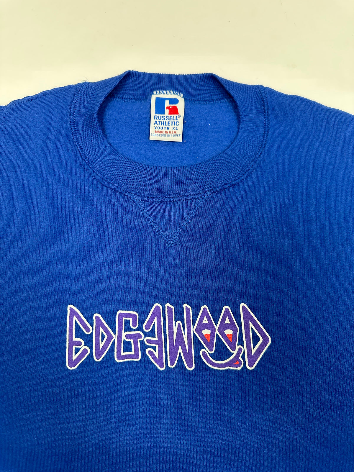Edgewood NJ “Deeper Than The Roots.” First Edition Crewneck Sweatshirt Tagged Youth XL 20.5x24.5 Inches 90s Russell Athletic 50/50 Blend Made In USA DS  Royal