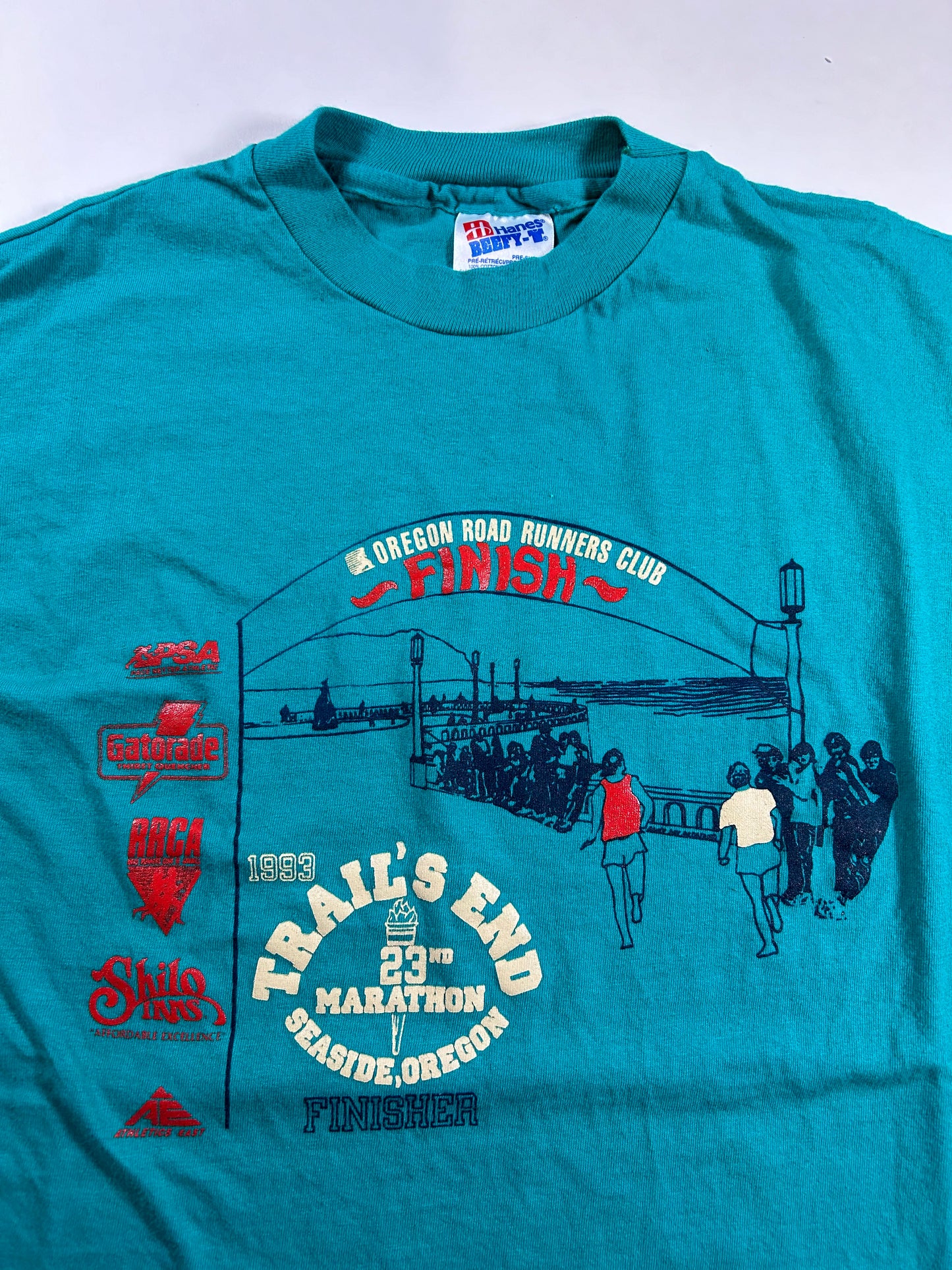 Vintage 1993 Oregon Road Runners Club Trail’s End 23rd Marathon Finisher Long Sleeve Tee Large 21.25x27.75 Inches