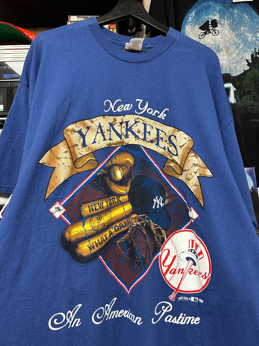 Vintage 1998 Hank Aaron New York Yankees MLB An American Pastime Tee Big XL 24.5x31 Inches Blue